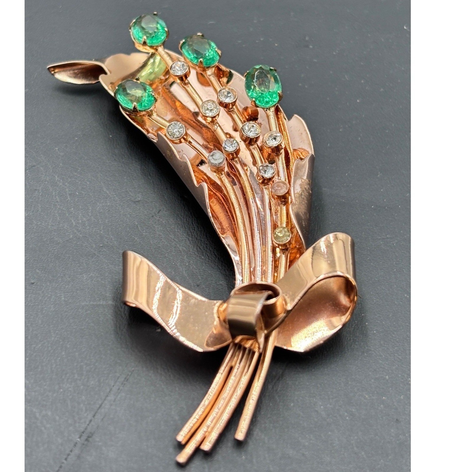 Vintage Coro Pegasus Sterling Silver Rose Gold Vermeil Green Floral Brooch 1940s
