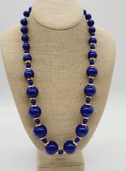 Necklace electric Blue Chunky Beaded signed HONG KONG 25 in Vintage
