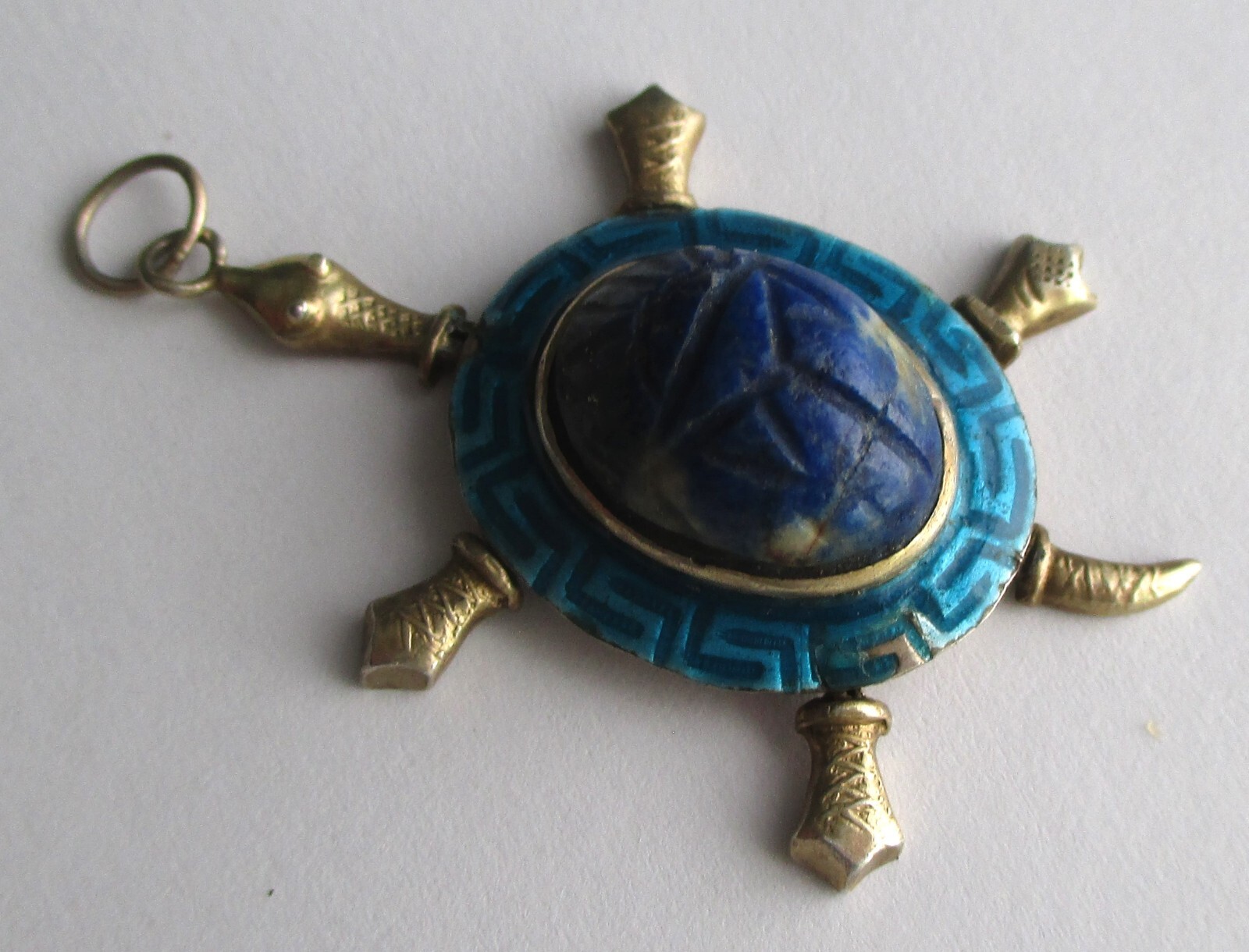 VINTAGE STERLING SILVER EGYPTIAN REVIVAL CARVED LAPIS SCARAB ARTICULATED TURTLE