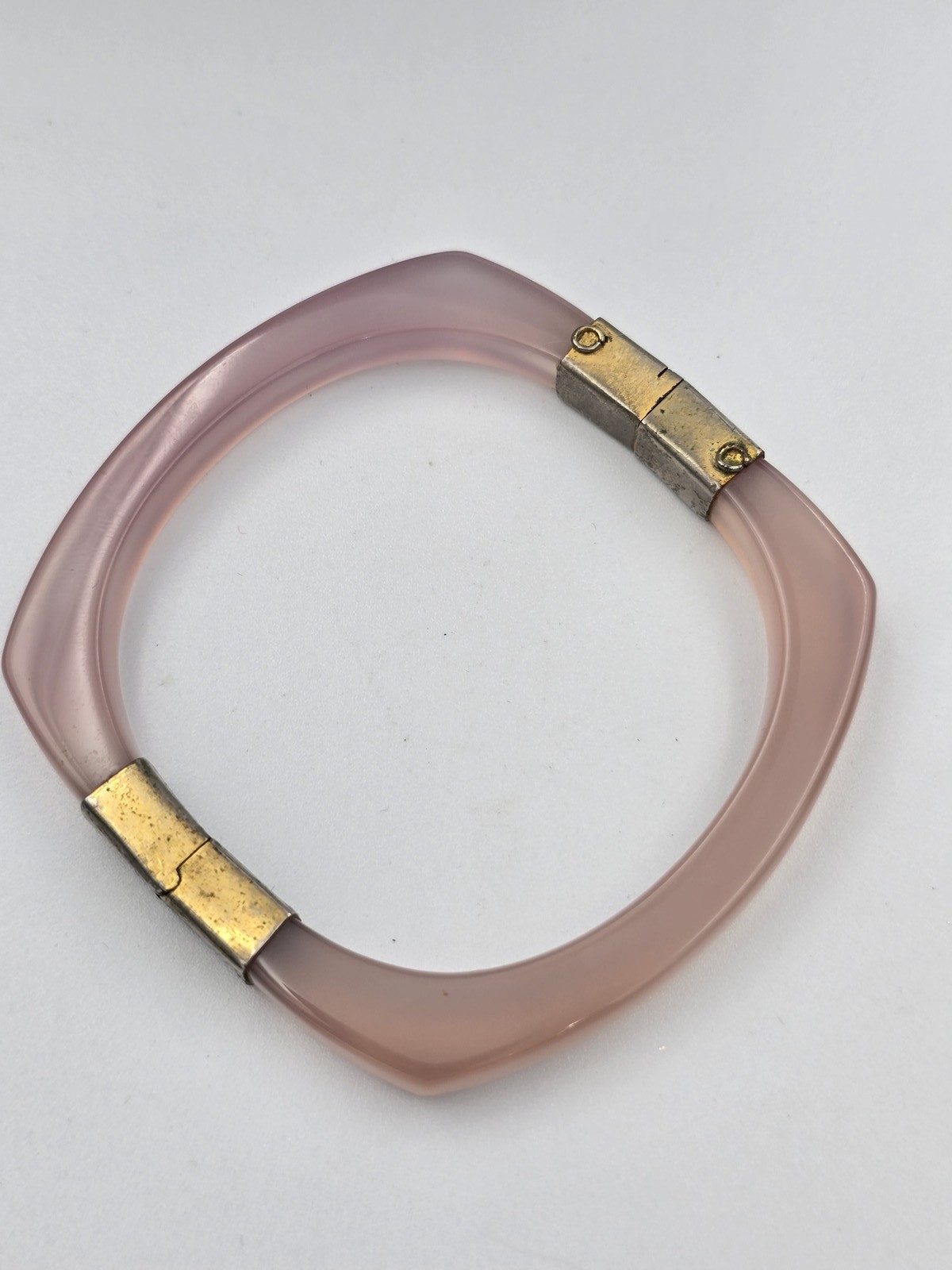 Vintage Rose Quartz Square Bangle Bracelet Gold Tone Hinged Closure Estate Find