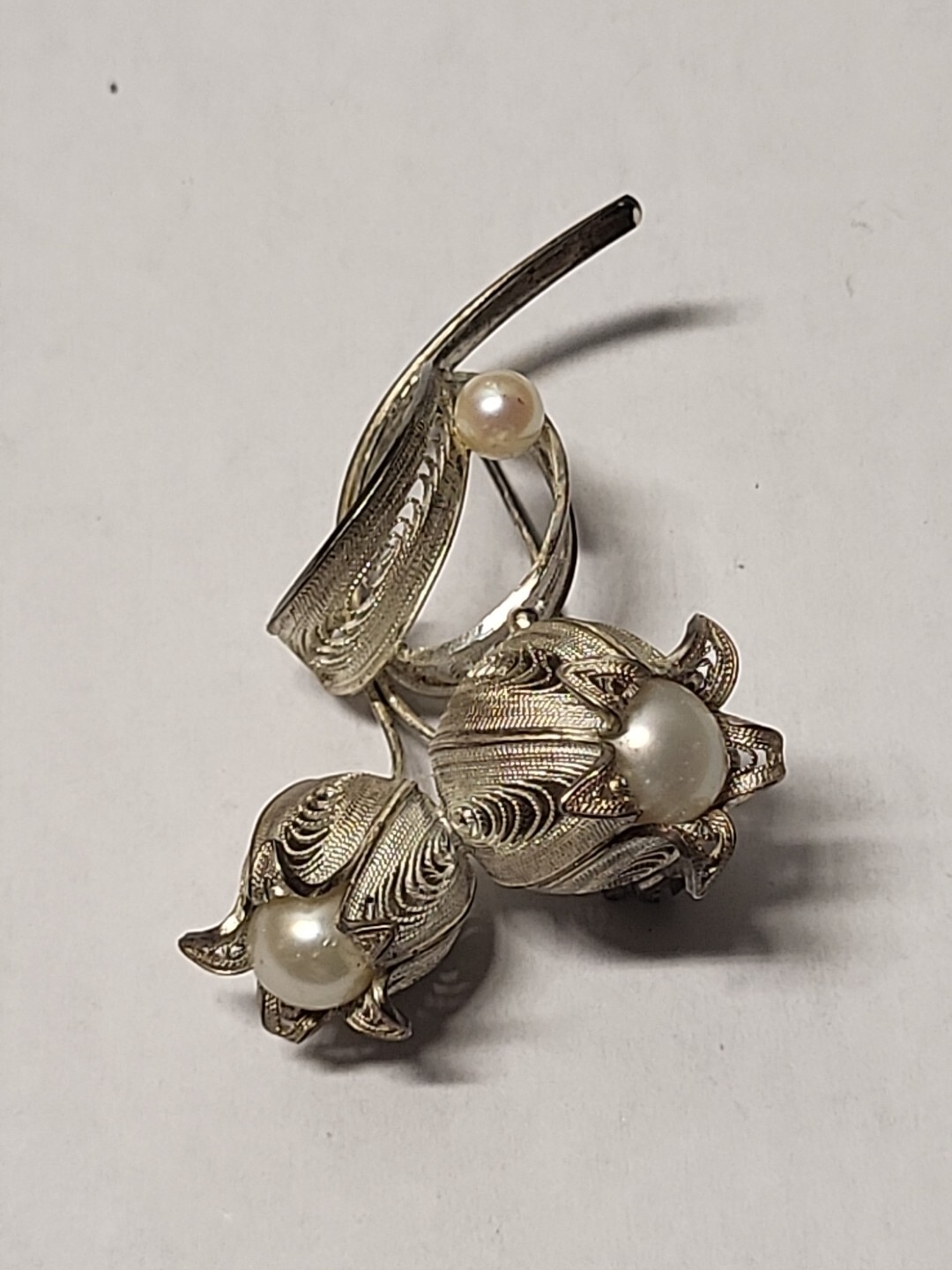 Sterling Silver Filigree Flower Vintage Japanese Akoya Cultured Pearl Brooch