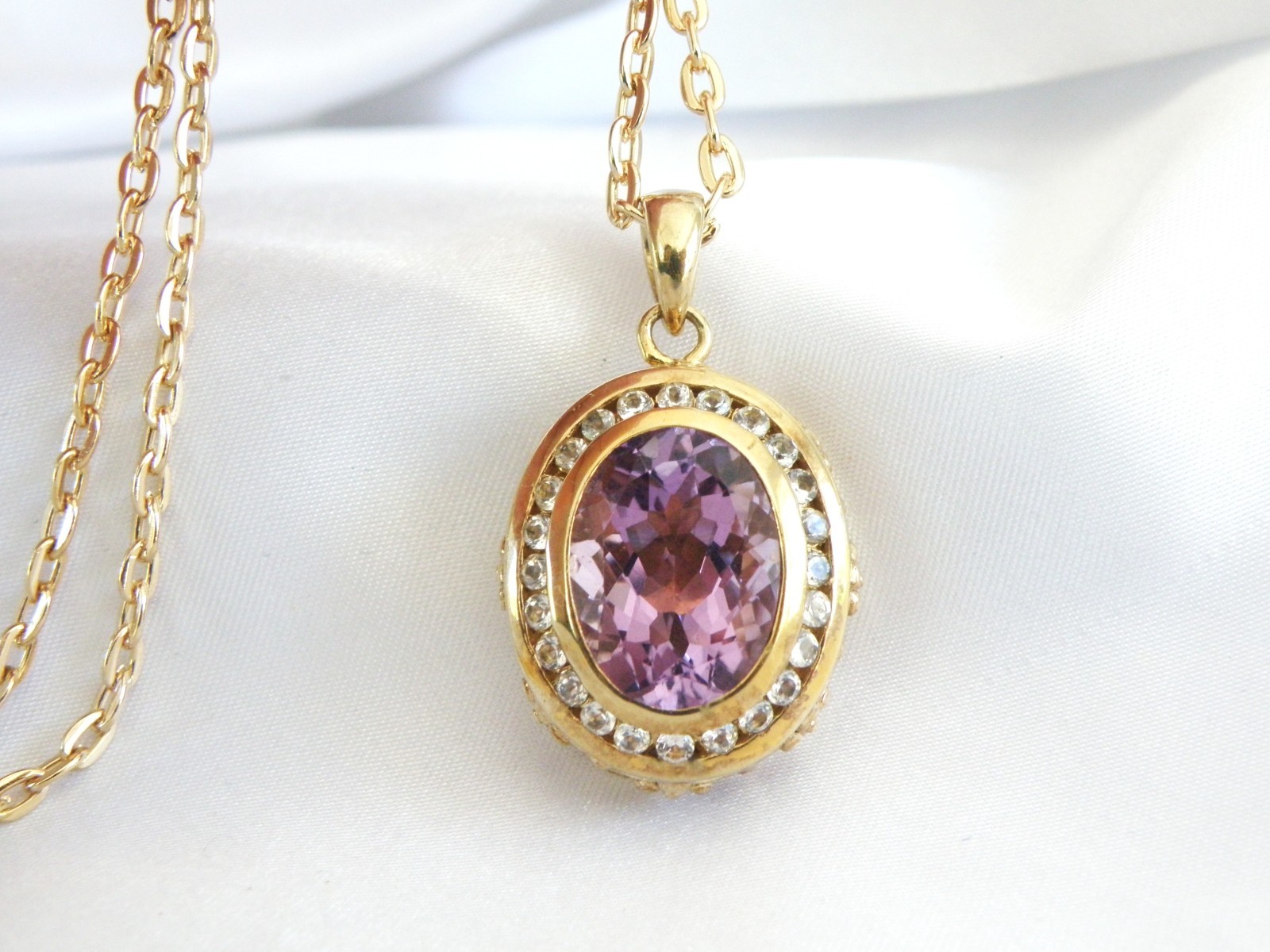 Vintage Sterling Silver 925 Gold on Large Reversible Amethyst Pendant Necklace