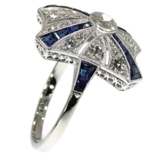Art Deco 2Ct Sapphire & Lab Created Diamond Birthday 14K White Gold Filled Ring