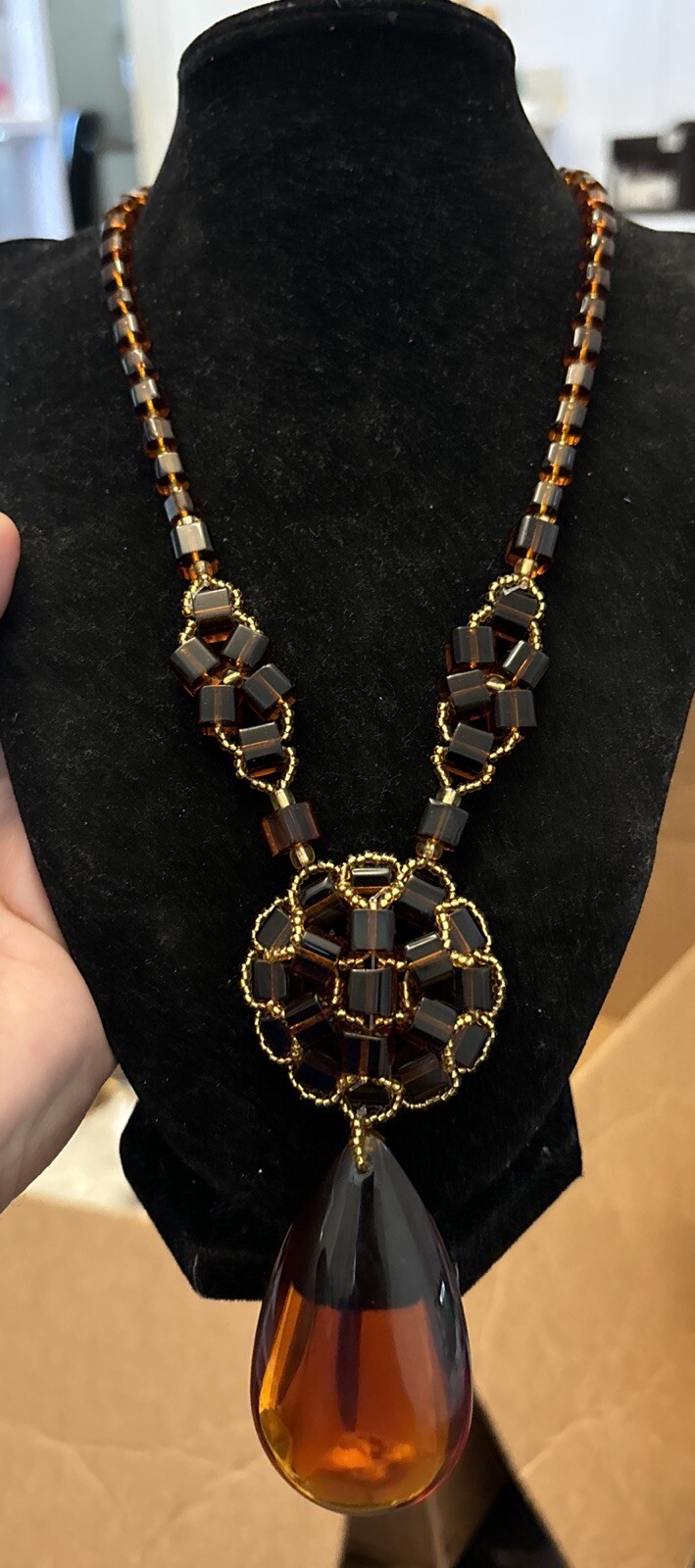 Vintage Brown Color Glass Dangle Necklace Teardrop