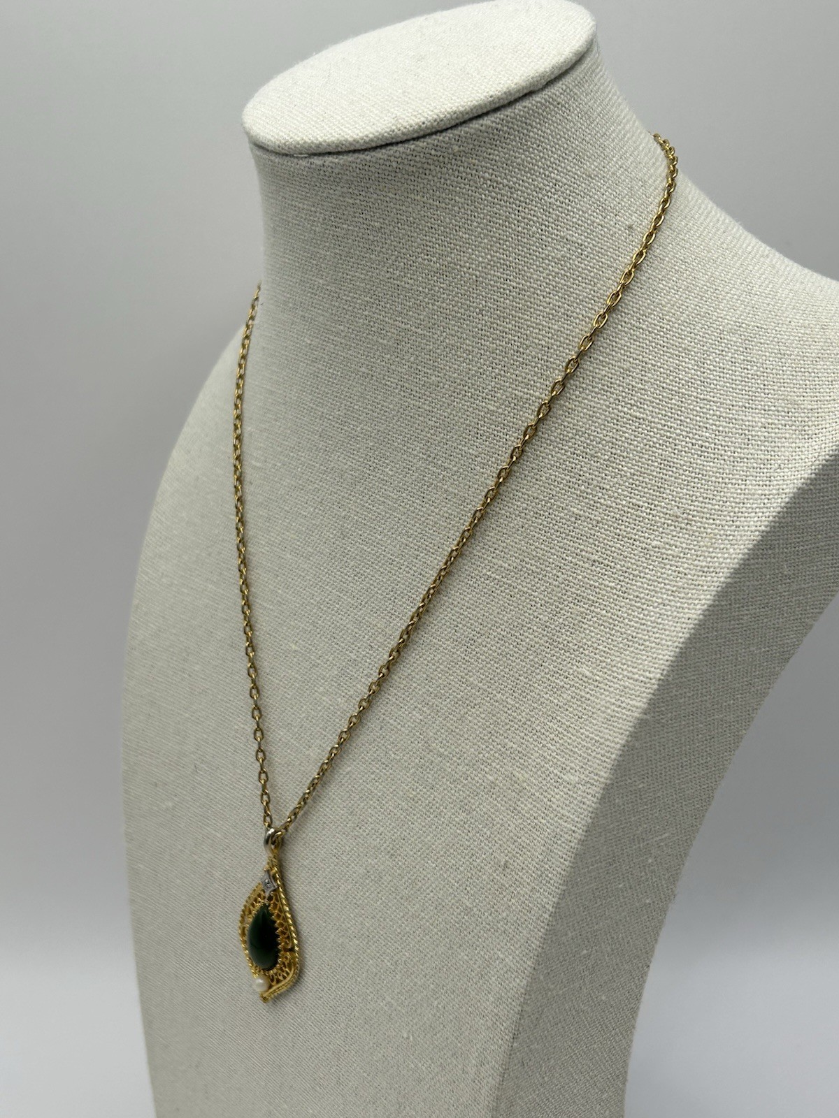 Vintage Green Jade Diamond Cultured Pearl Filigree Gold-tone Pendant Necklace