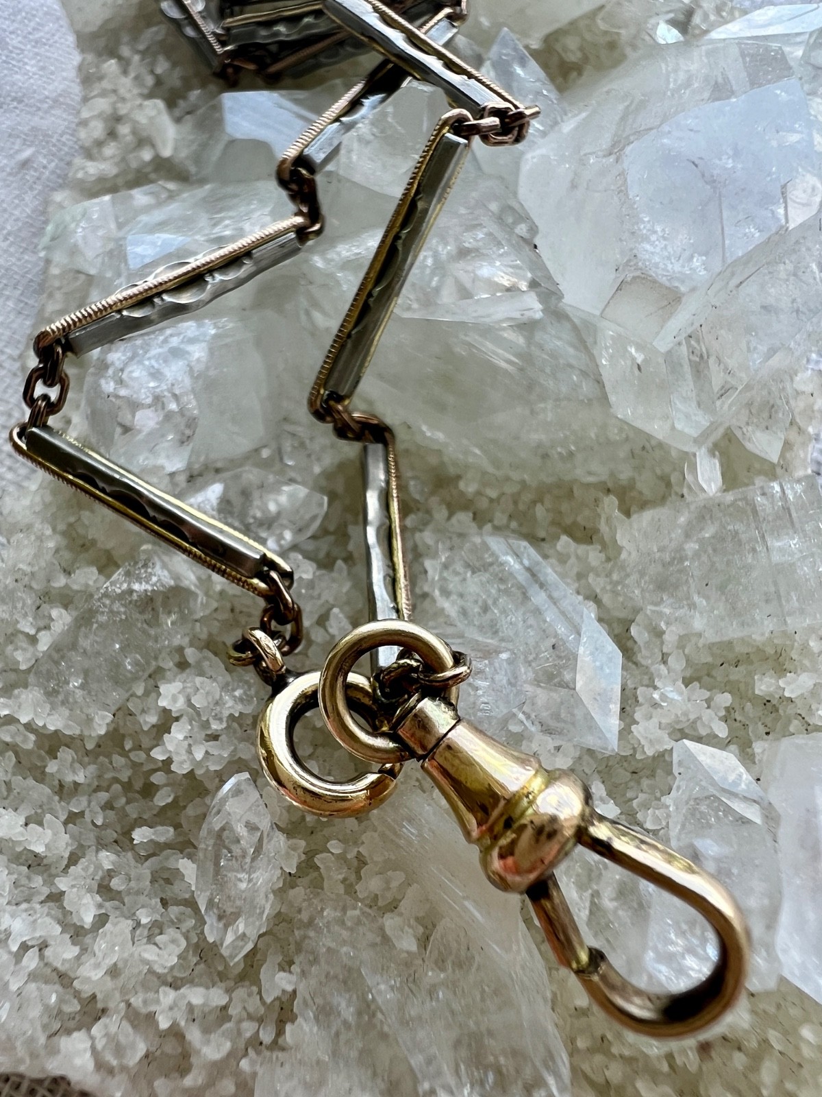 Art Deco 12K Gold Filled Two Tone Bar Link Watch Chain 14″ Swivel Dog Clip