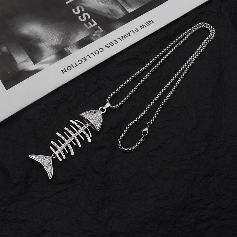 Large Vintage Rhinestone Fishbone Stainless steel Necklace