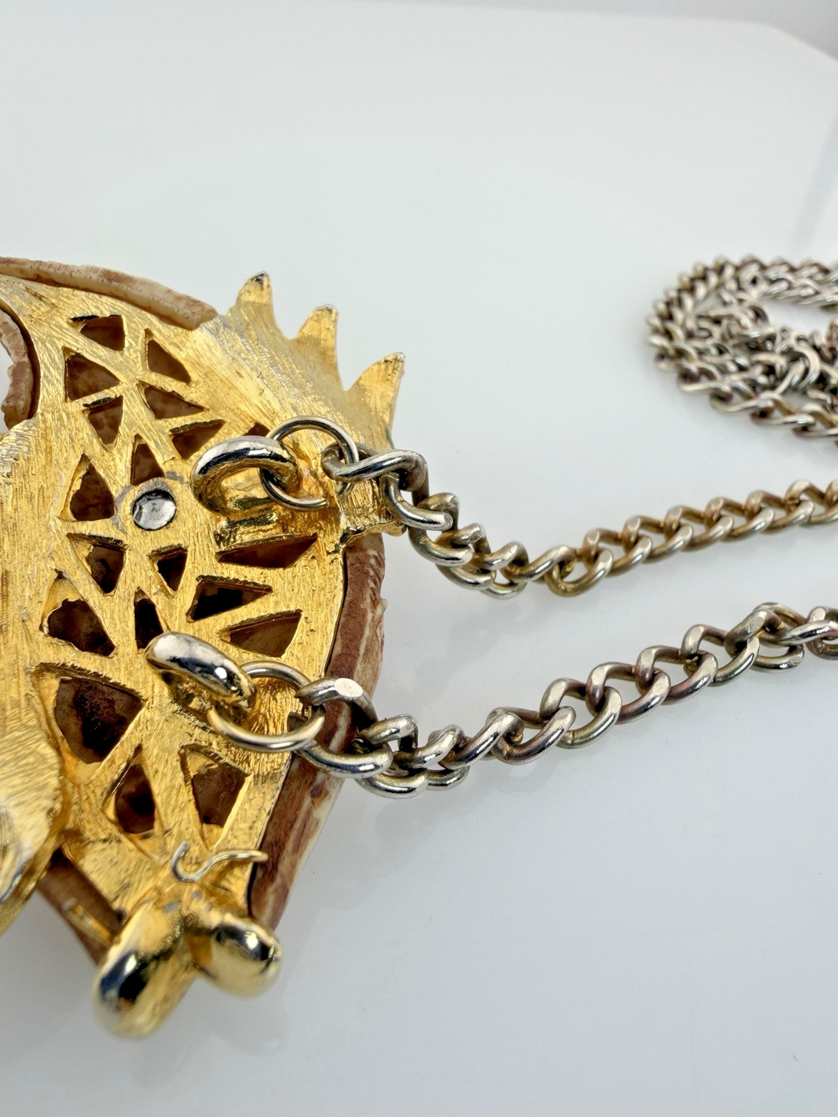 Vintage Razza Double Fish Necklace Carved Resin Faux Bone Gold Tone Large Pisces