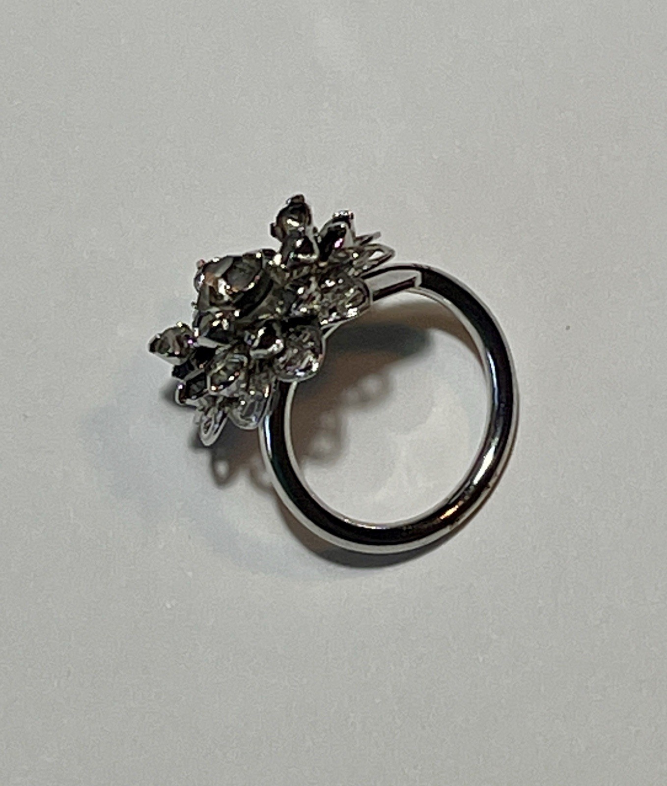 Vintage Sarah Coventry Ring Tiered Flower Clear & Dark Grey Rhinestones Silver