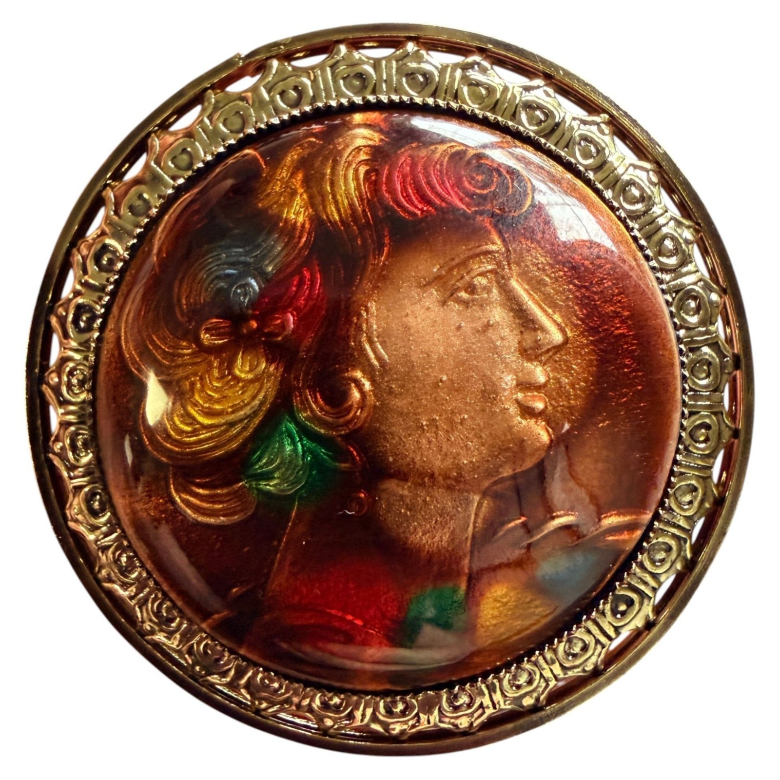 Vintage 1950s Reverse Carved Lucite Renaissance Lady Brooch New Old Stock