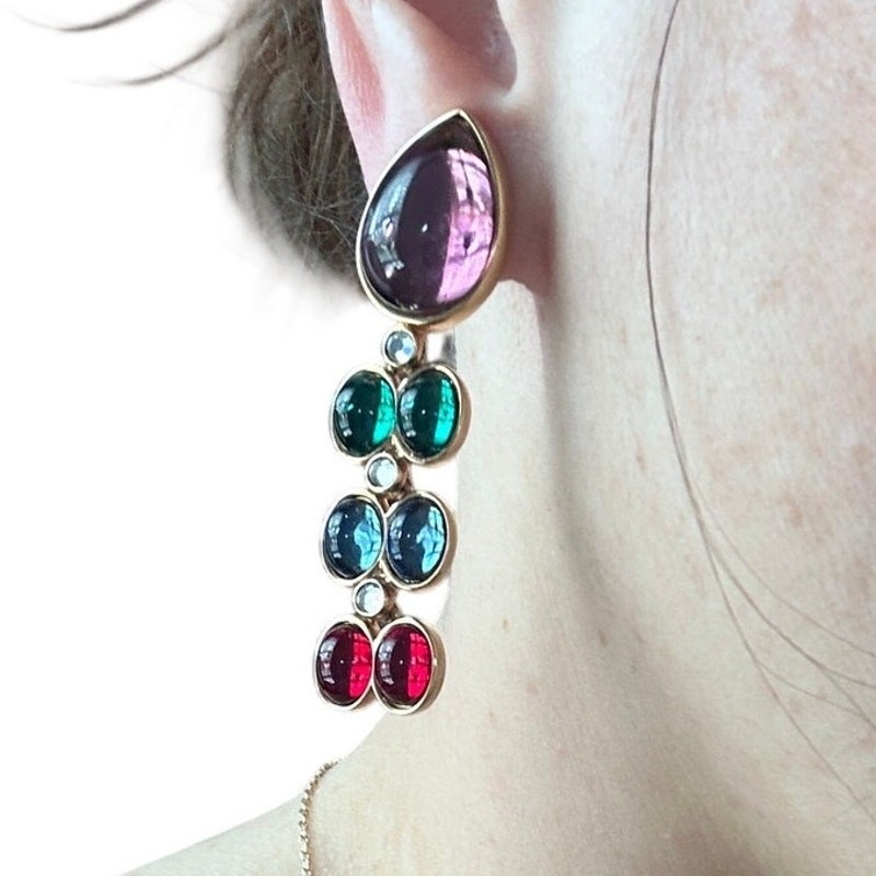 Swarovski Multicolor Crystal Cabochon Gold Drop Earrings Savvy 90s Vintage