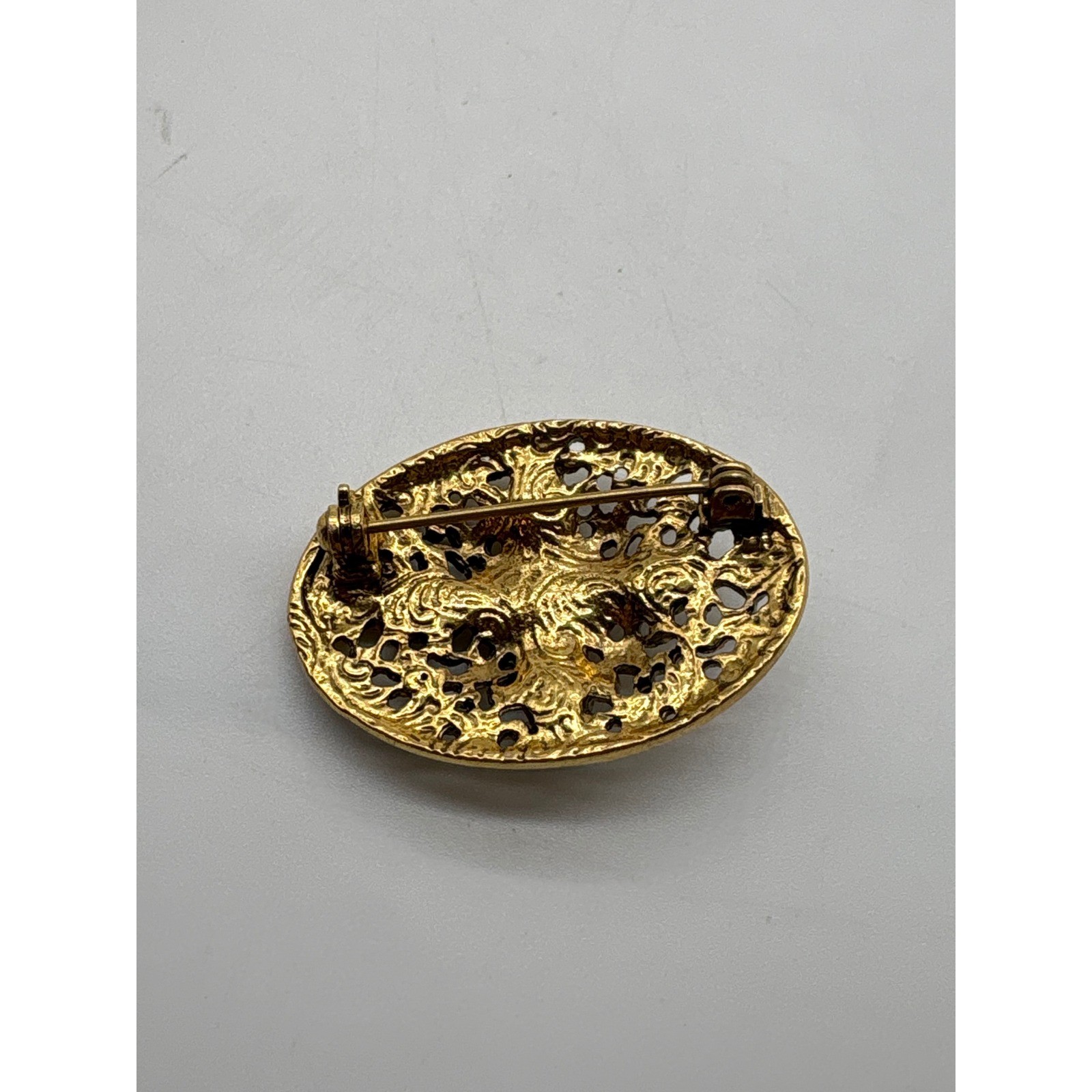 Vintage Victorian Revival Gold Tone Filigree Oval Brooch Faux Pearl Red Rose