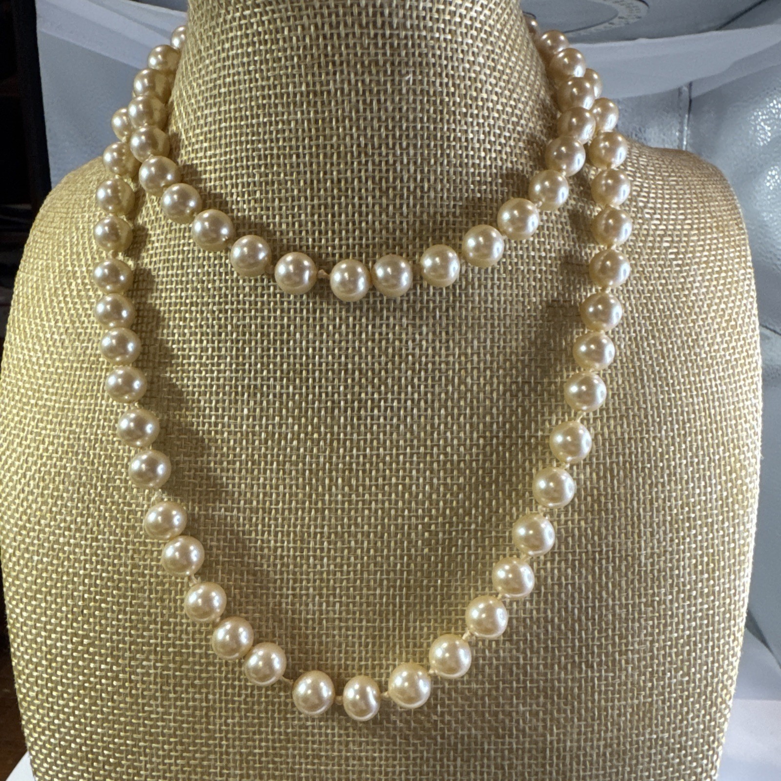 Vintage 30” Faux pearl glass individually knotted Necklace signed Japan