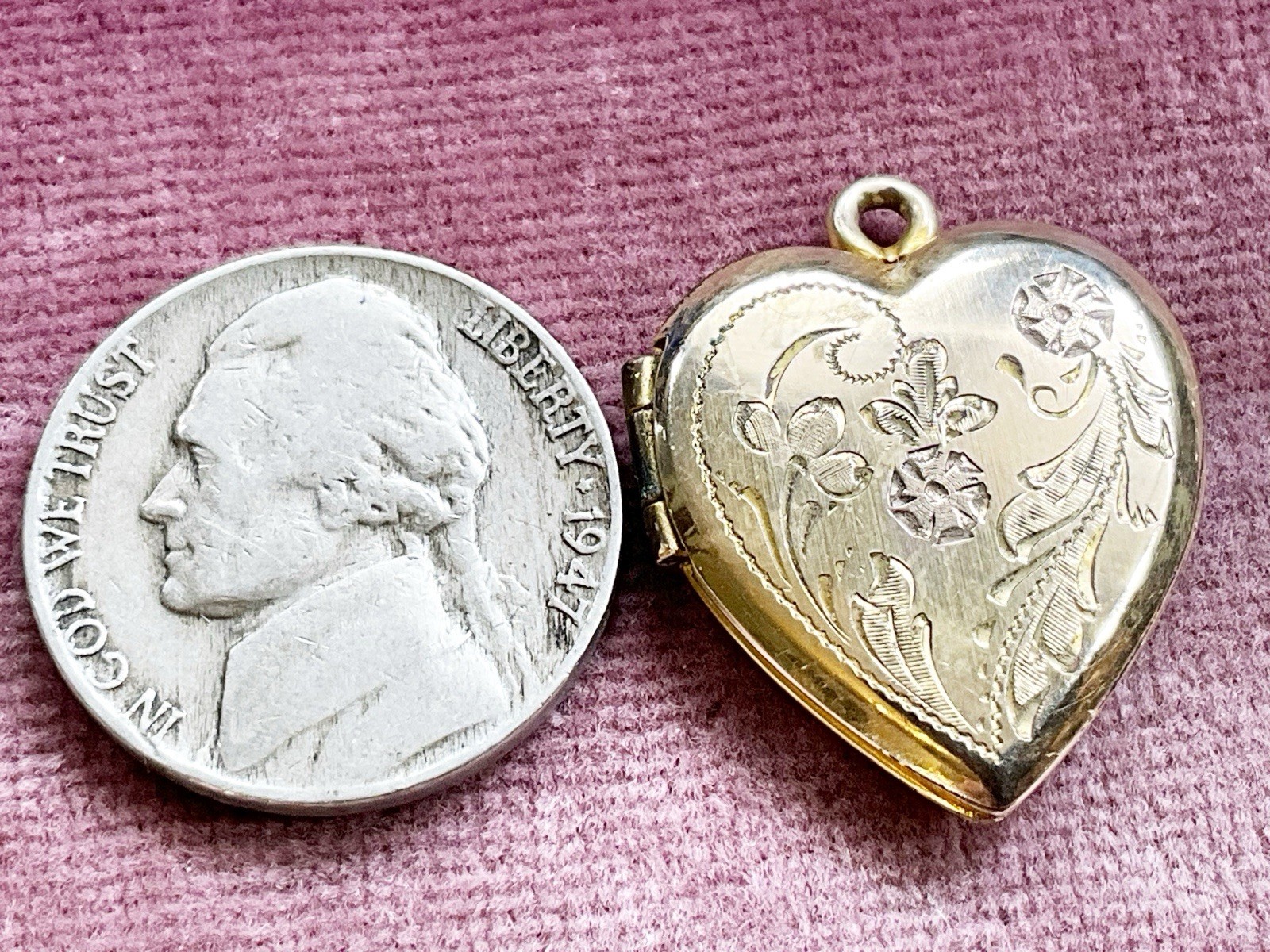 Vintage Gold Filled Locket Pendant Charm Heart Shaped Etched Floral Design