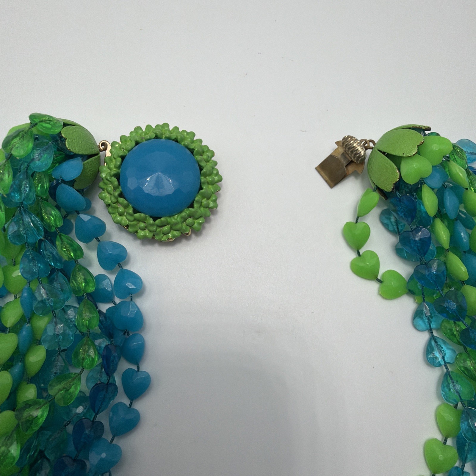 Vintage Multi Strand Hearts Necklace Acrylic Green & Blue Gold Toned Size 16”