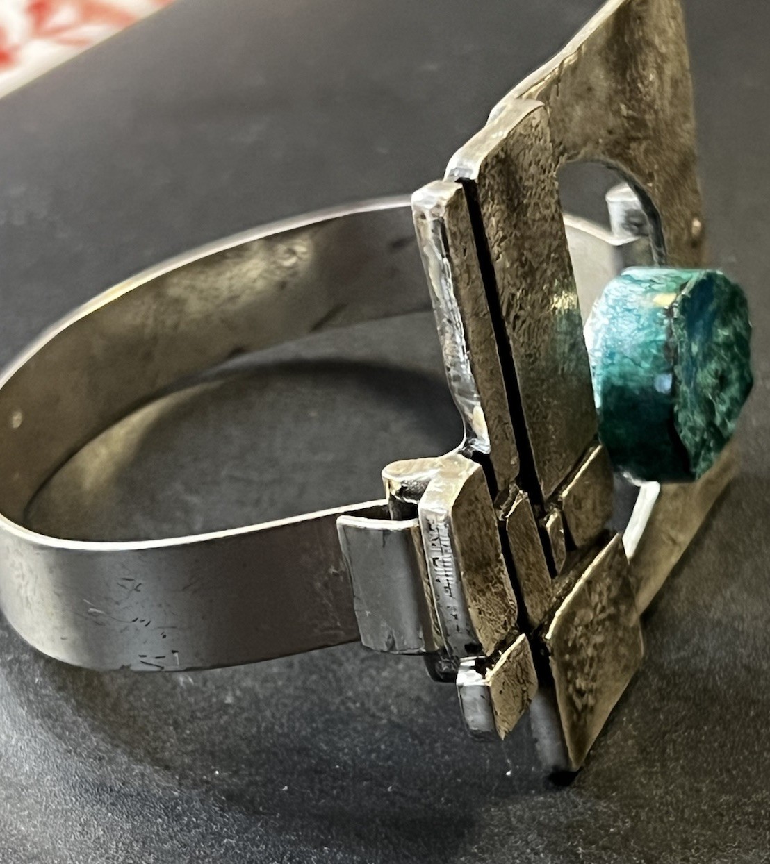 Scandinavian Brutalist 835 Silver Sz 5.75 Artist Crafted Bracelet Chrysocolla