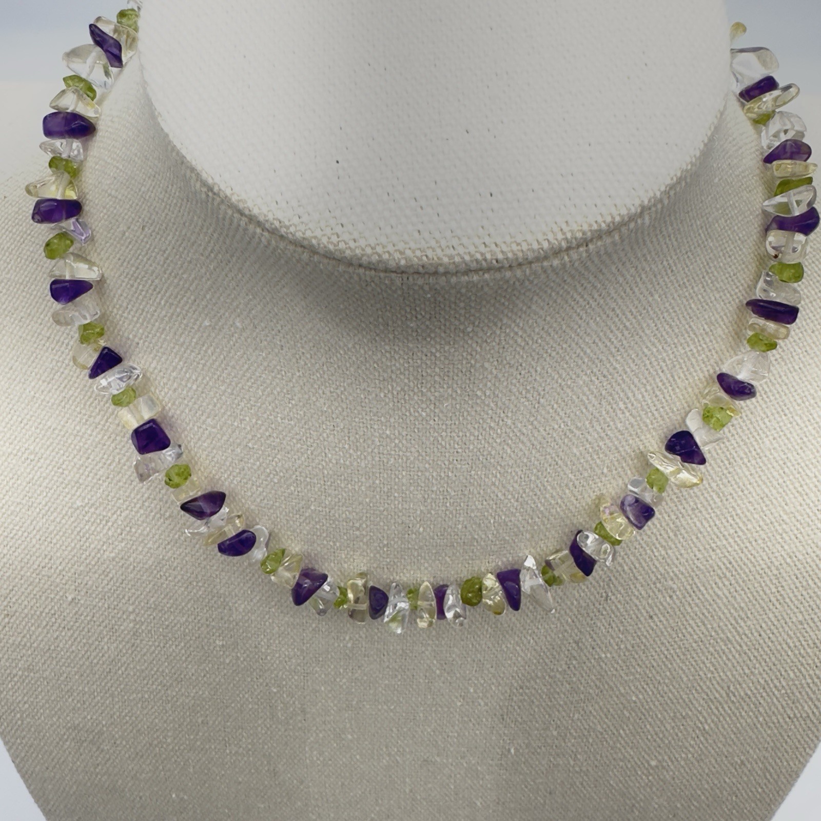 Vtg Multi Gemstone Sterling 925 Necklace Amethyst Peridot Quartz Estate