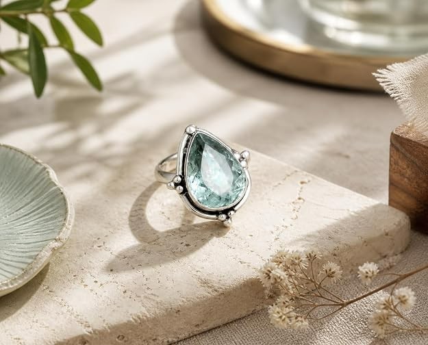 Aquamarine Pear Shape Ring 925 Sterling Silver Handmade Gemstone Ring Size 5-12