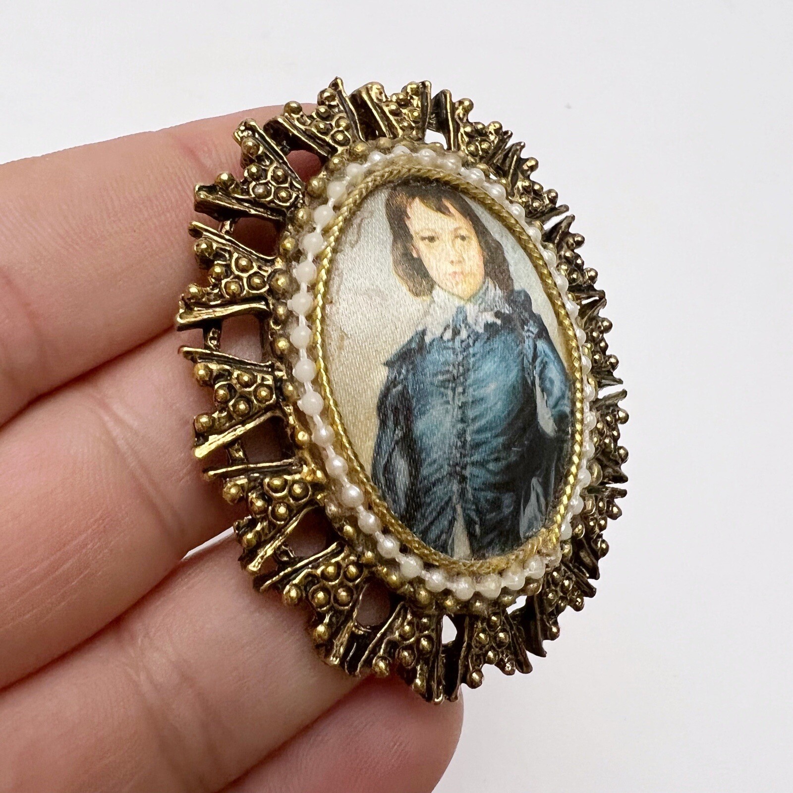 Vintage Victorian Revival Portrait of Boy Faux Pearl Fabric Oval Ornate Pendant