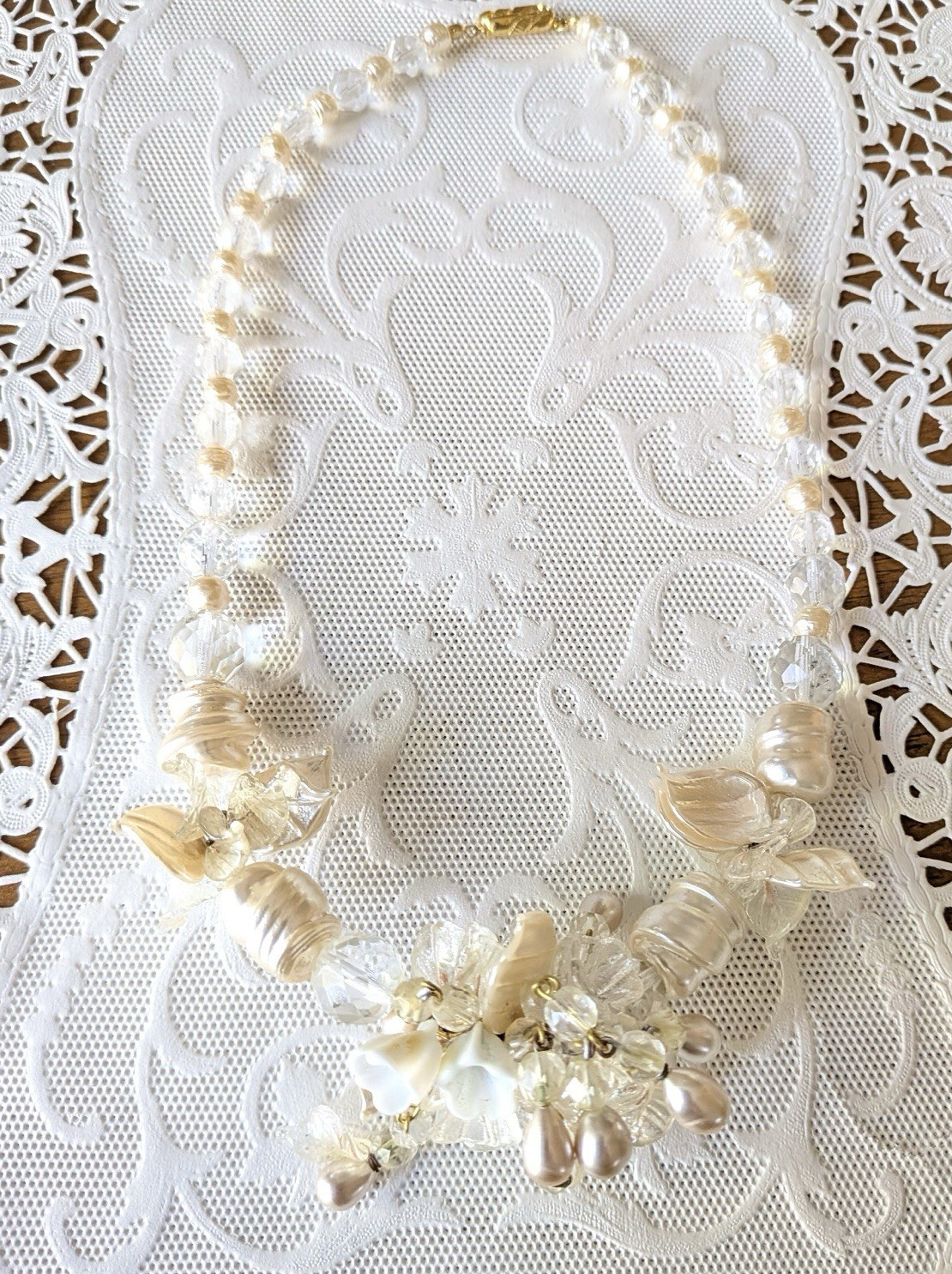 Vintage Venetian Necklace Clear, White, & Faux Pearl Flower Bead Art Glass 17″