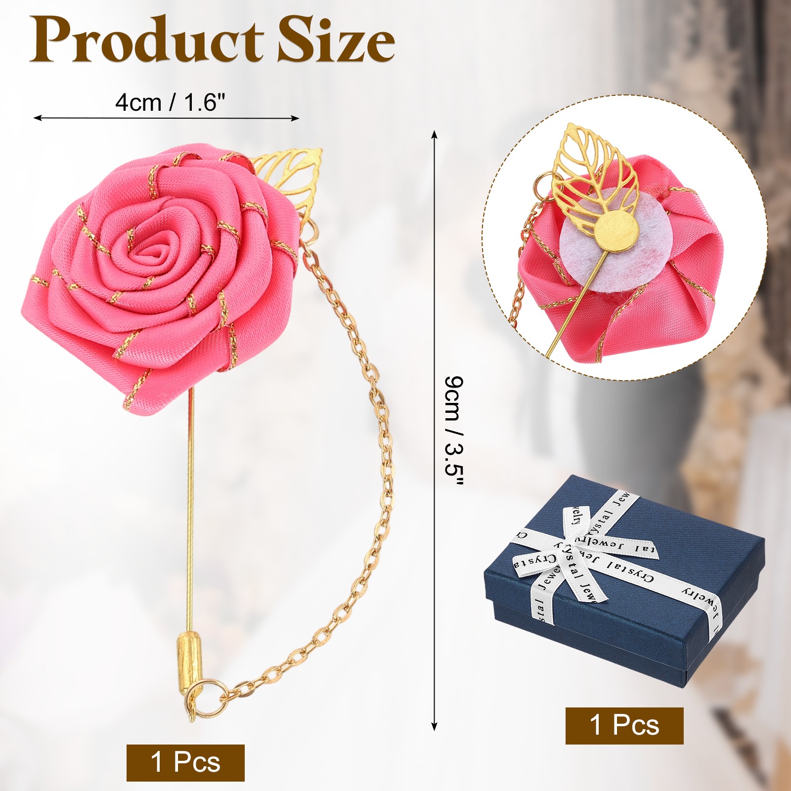 Rose Lapel Pin, Flower with Chain Brooch, Fabric Flower Corsage, Deep Pink