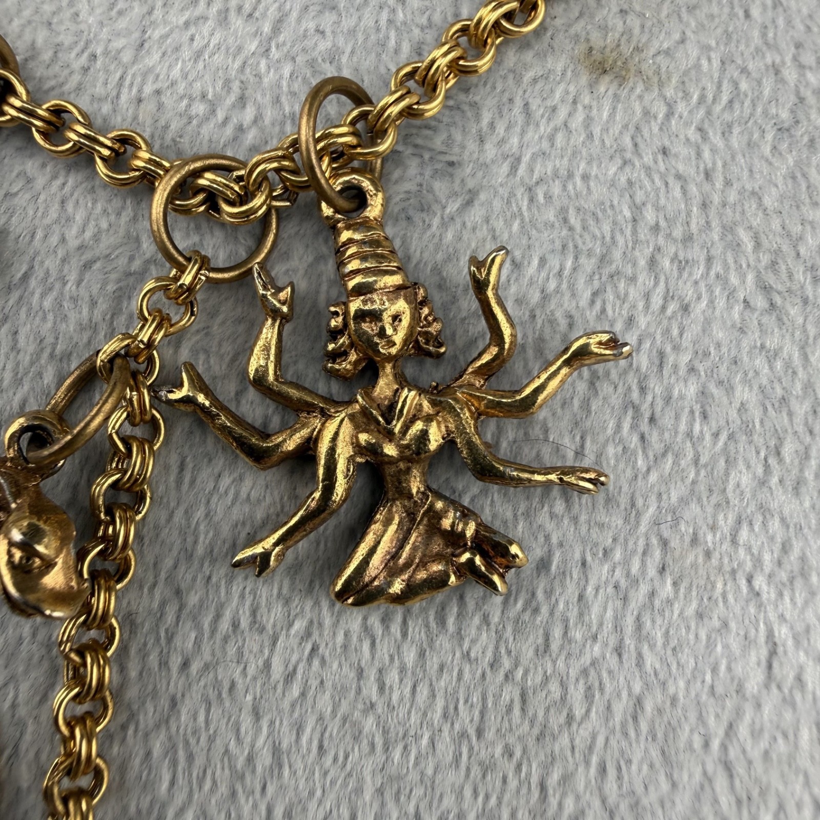 Vintage Asian Charm Necklace Snake Charmer Gold tone 24”