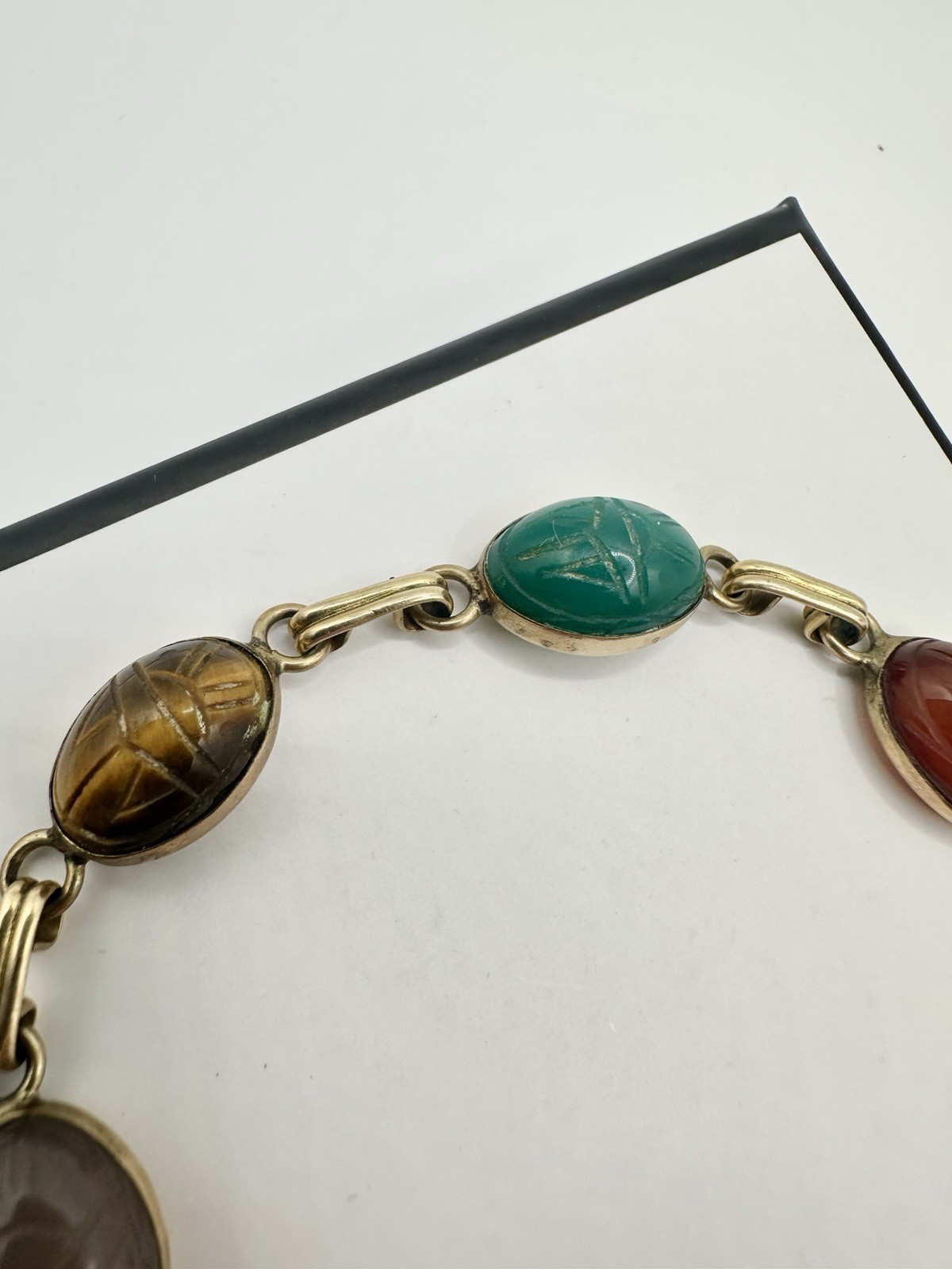 VTG 12k Gold Filled Multi Gemstone Scarab Bracelet 8in 12g Signed Estate Read