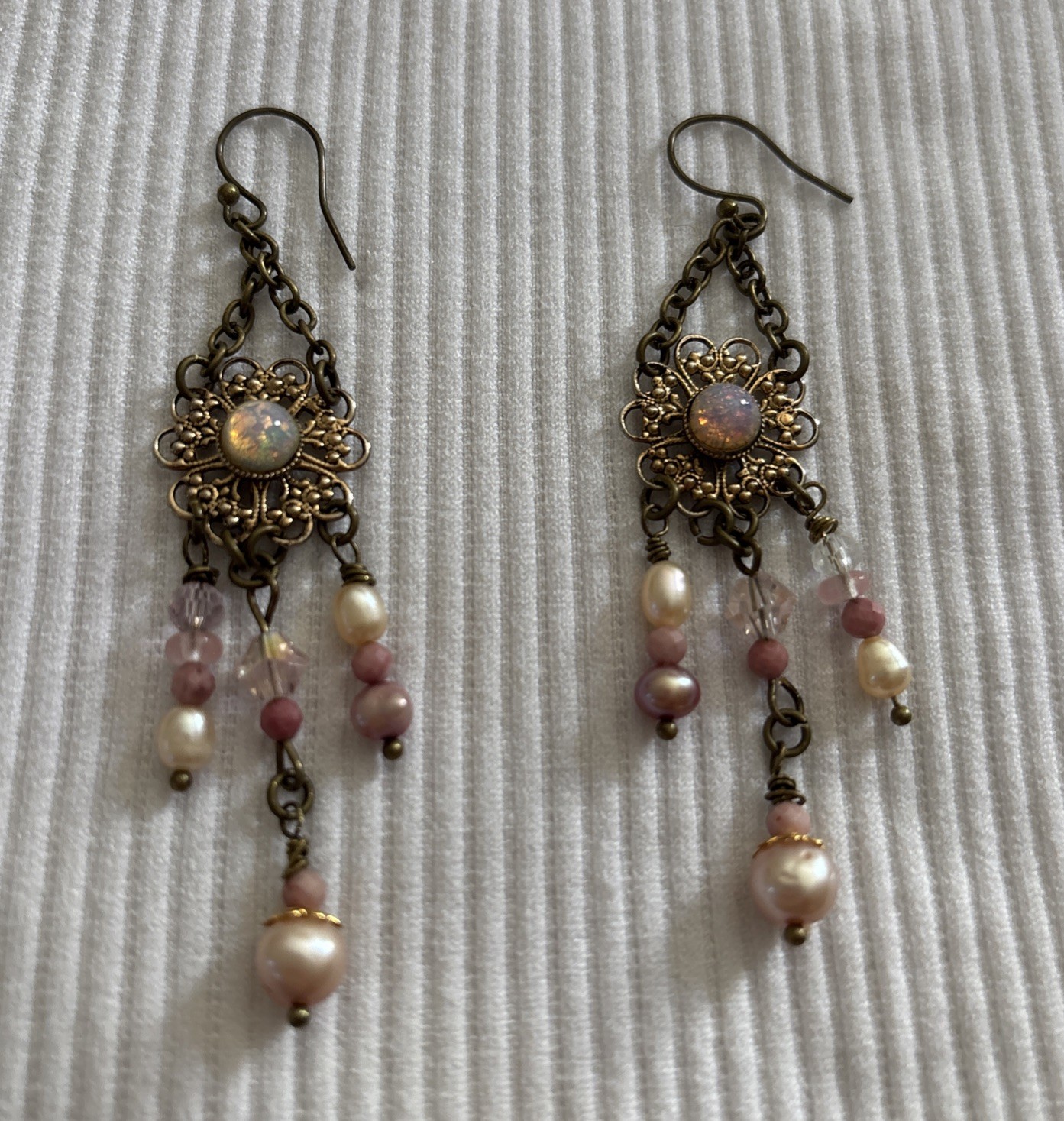 Vintage Boho Earrings Brass-Tone w/Opal-Glass on Alloy Filigree, Pearl+ danglers