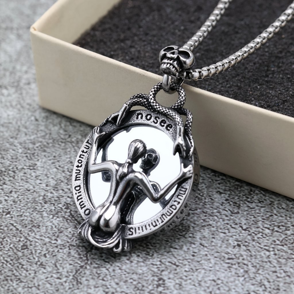 Retro Stainless Steel Men’s Pendant Gothic Magic Mirror Necklace