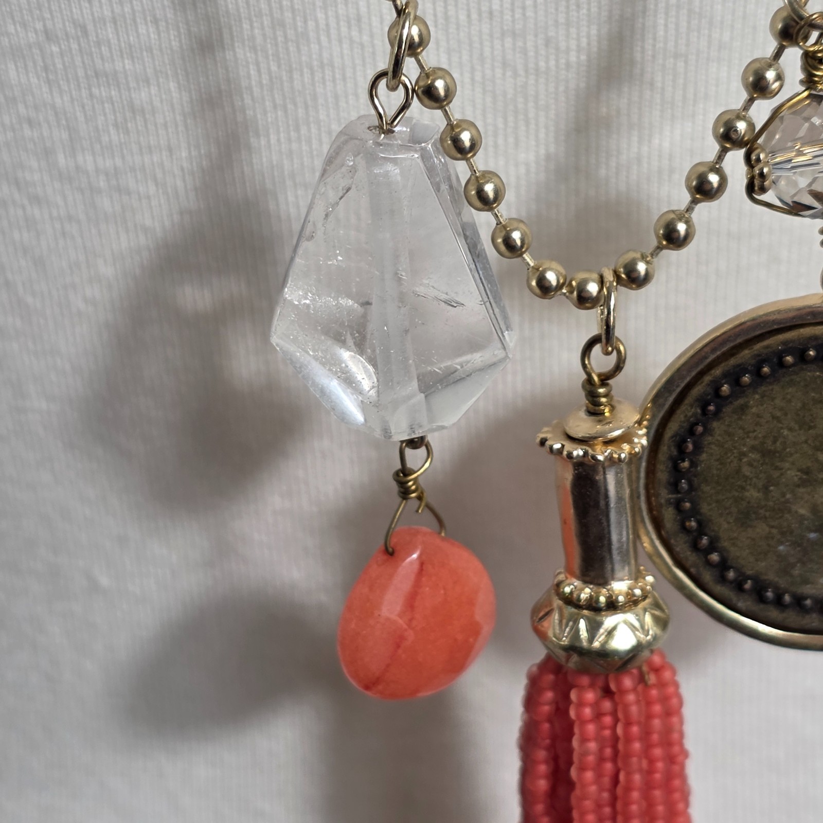 Chico’s Beaded Tassel Necklace Gold Tone Dog Tag Ball Chain Beads & Medallion