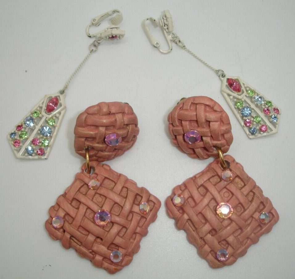 vtg. JEFF LIEB clip on dangle jeweled weave pattern earring set pink multicolor