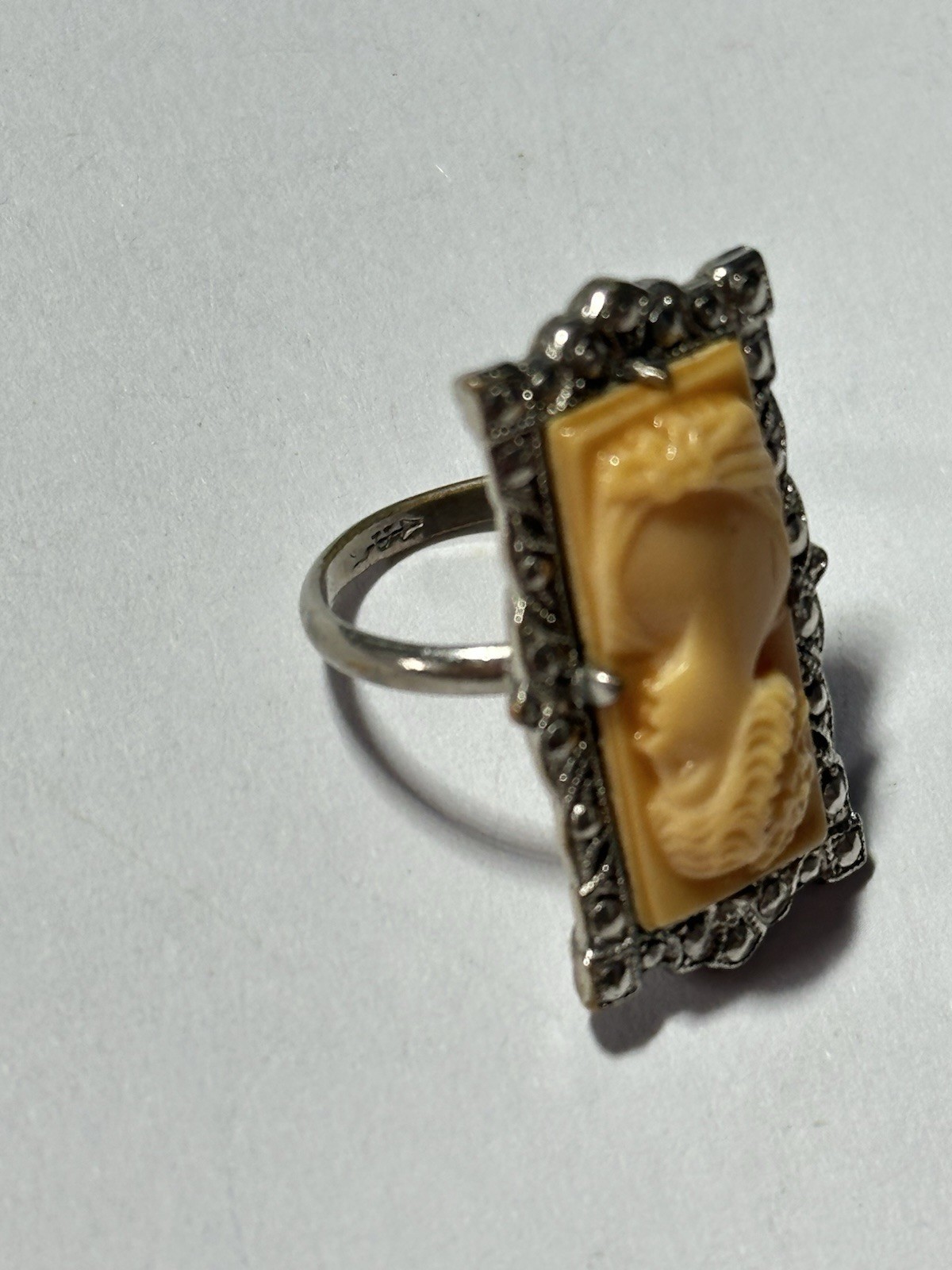 Art Deco Celluloid Rectangle Cameo Marcasite Silver Tone Ring Size 3.5 Uncas Co
