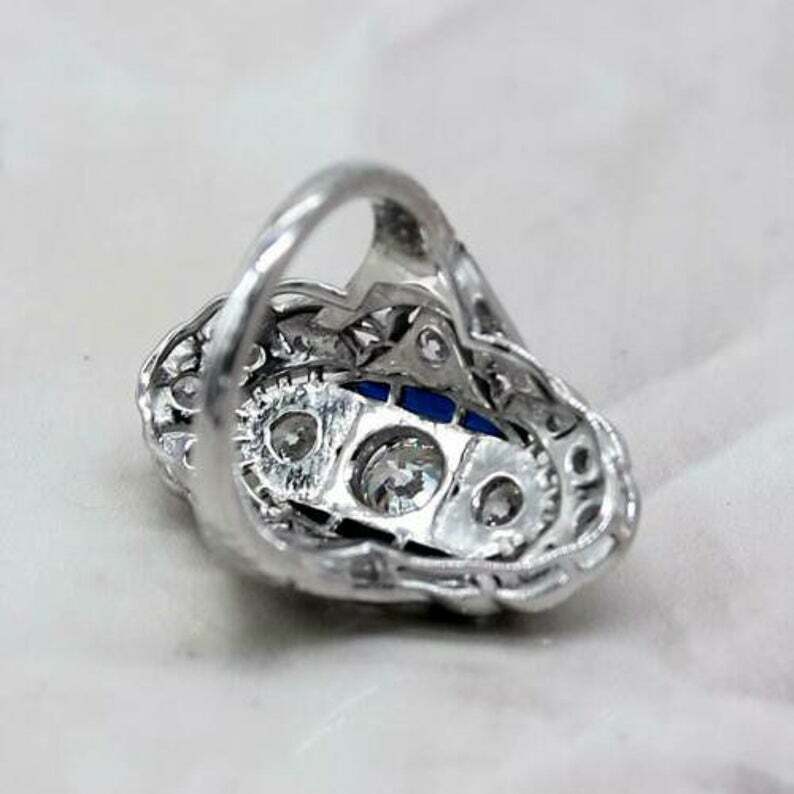 Art Deco Style Lab-Created Diamond & Sapphire Engagement Ring 14K White Gold FN