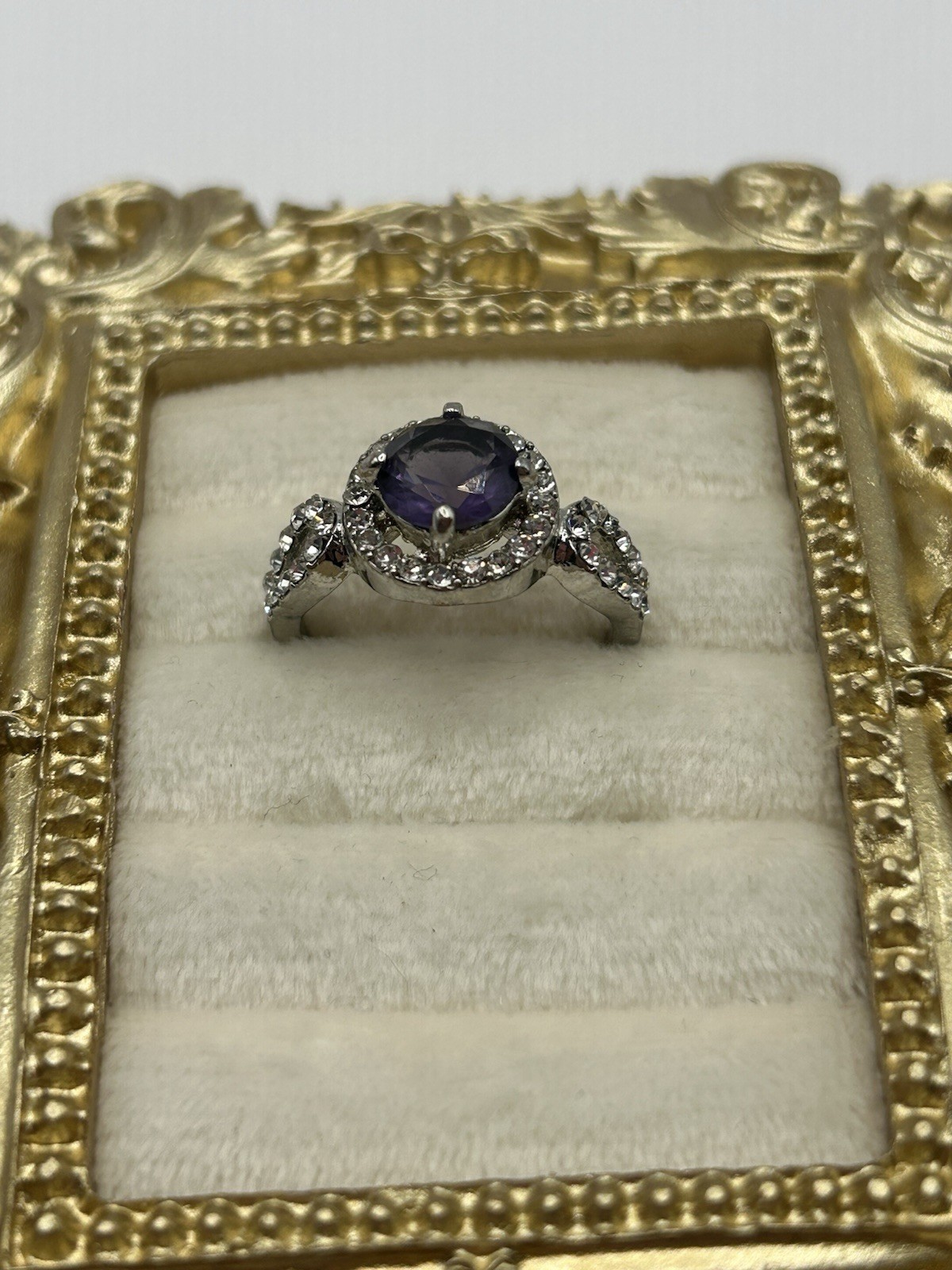 Silver Tone Purple Amethyst Halo Statement Ring Size 8.5 Vintage Costume Jewelry