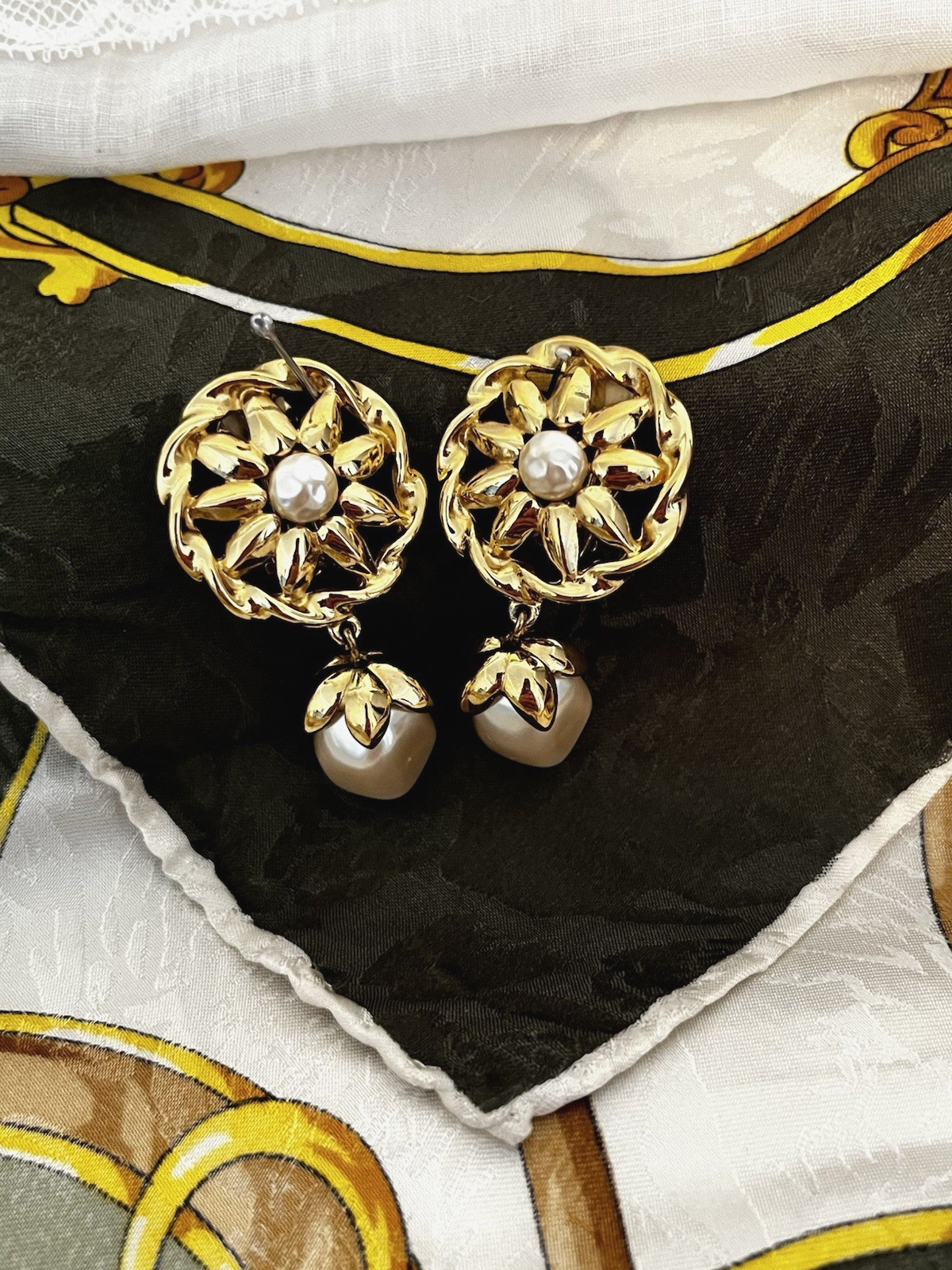 Vintage Givenchy Paris NY Earrings Golden Pearl Cabochon 2” Dangle Drop Clip On