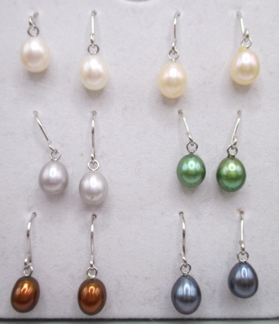 Set of 6 Tiger Pearl sterling freshwater pearl earrings different colors in box