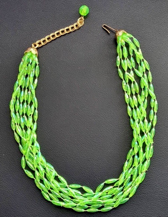 Multi-Strand Green Beaded Necklace — Vintage 8 Strands — Bright