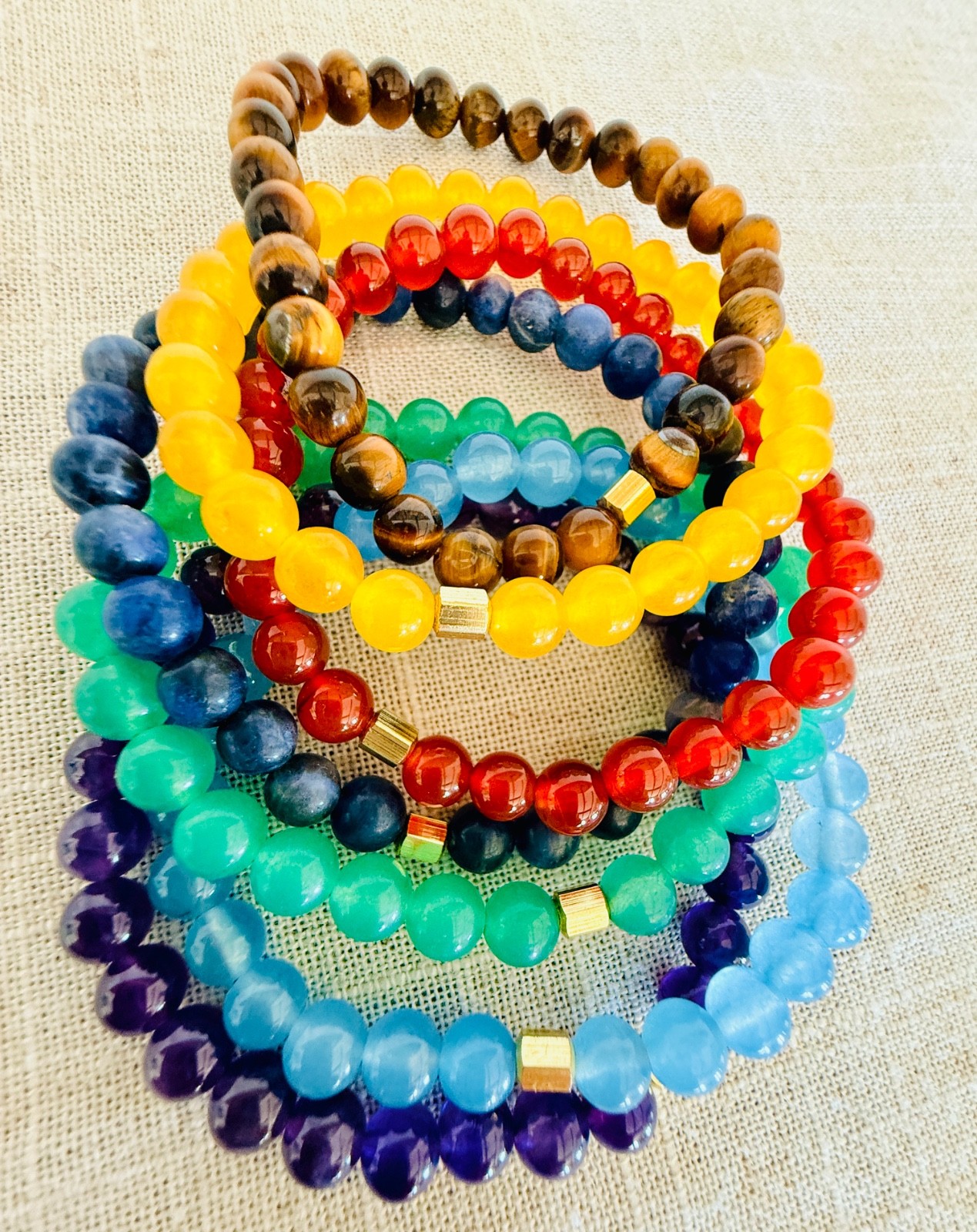 Natural Gemstone Bracelet Set Tiger Eye Amethyst Carnelia Jade Lapis