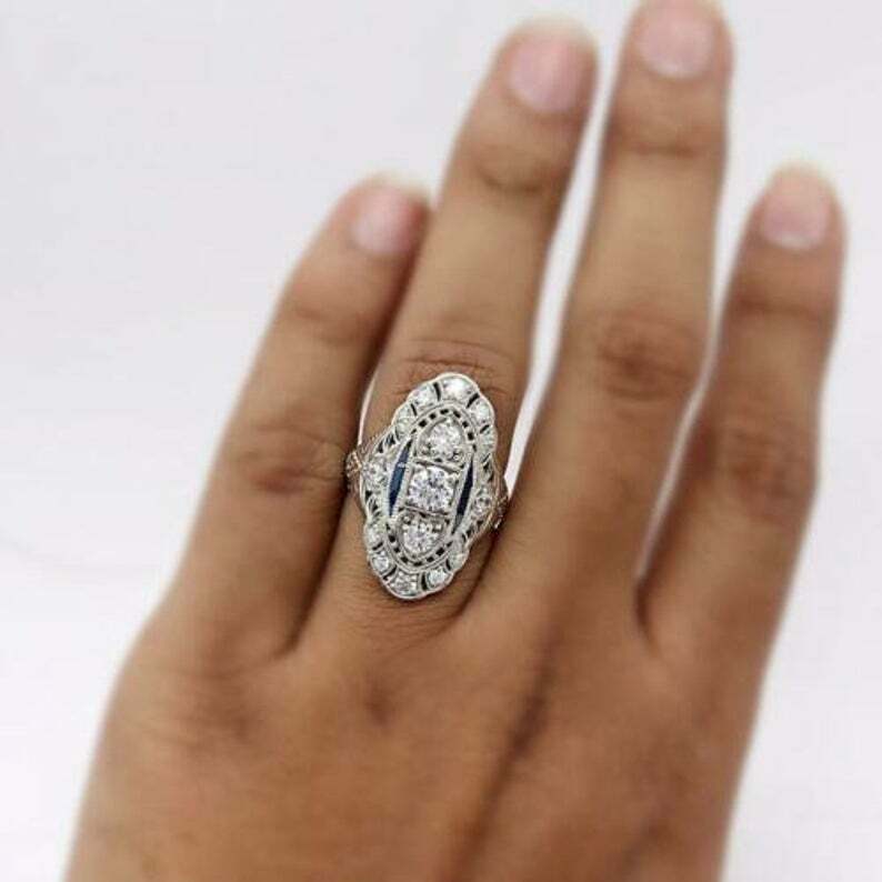 Art Deco Style Lab-Created Diamond & Sapphire Engagement Ring 14K White Gold FN