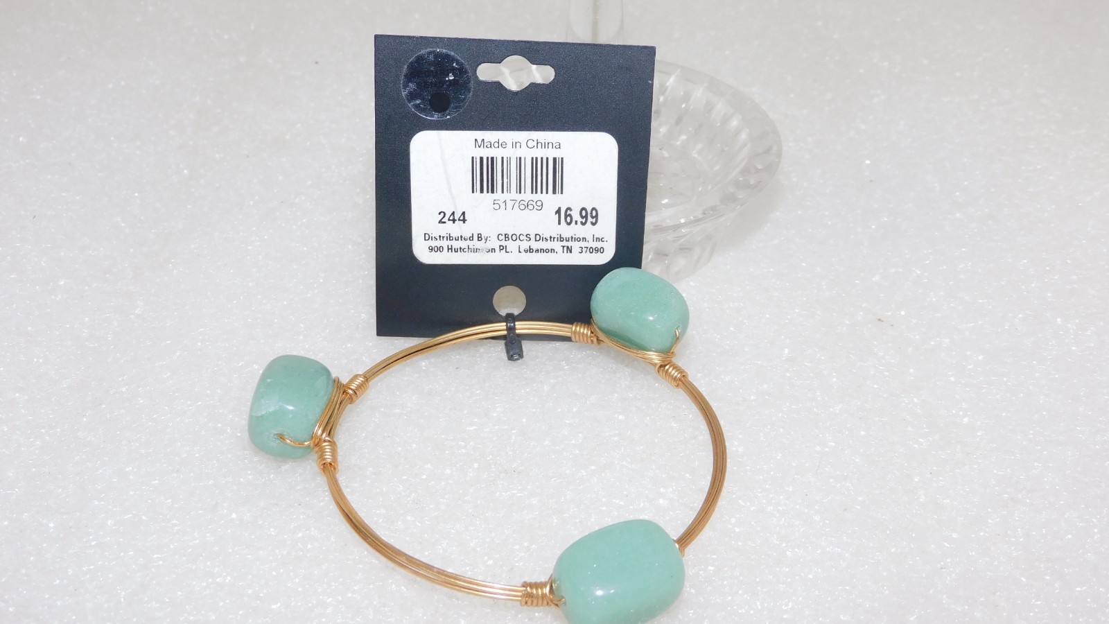 NWT SAPPHIRE 3 CHUNKY GREEN BEAD STONE WIRE WRAP BANGLE BRACELET
