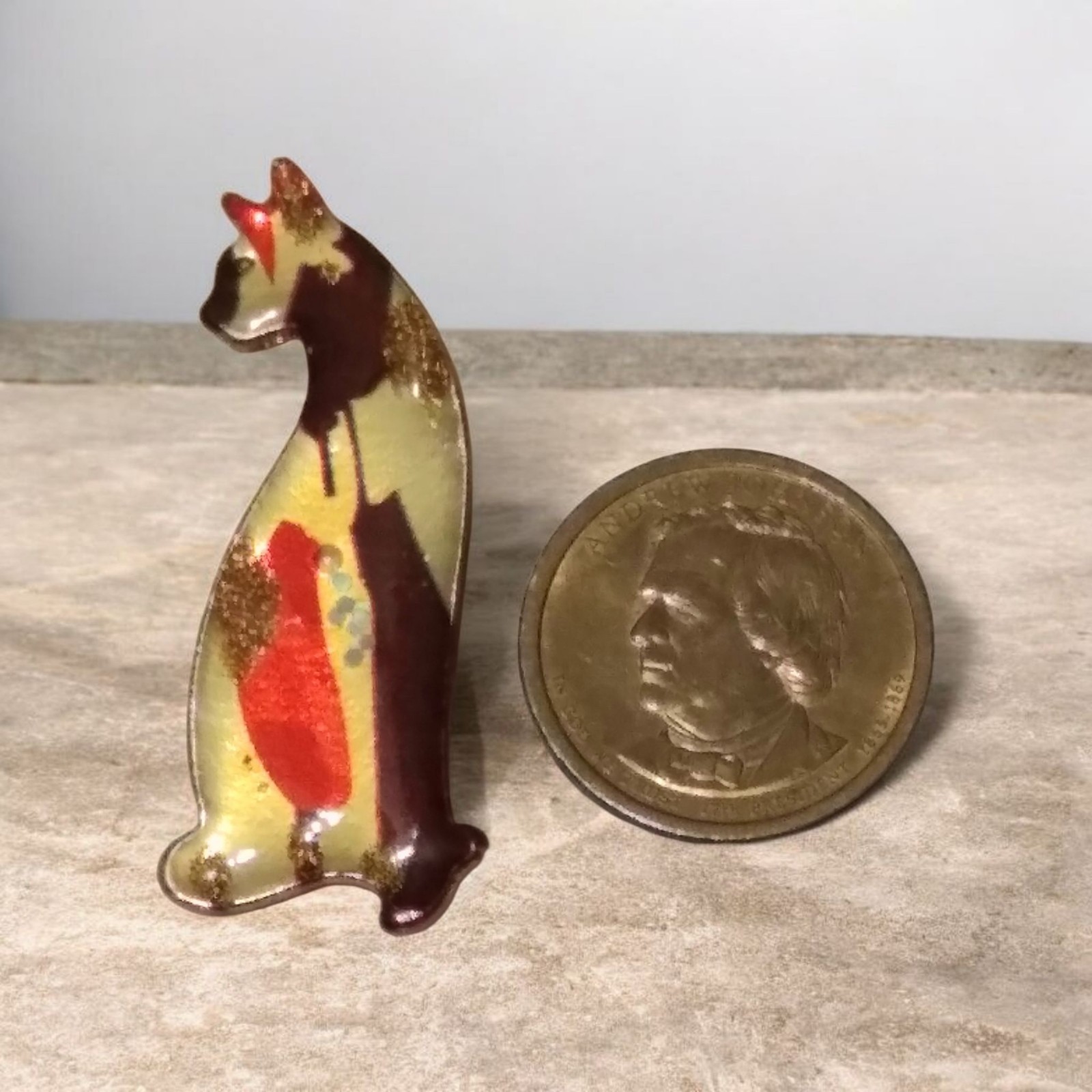 Vintage Enamel Cat Brooch Pin Multicolor with Gold Accents Retro Animal Jewelry