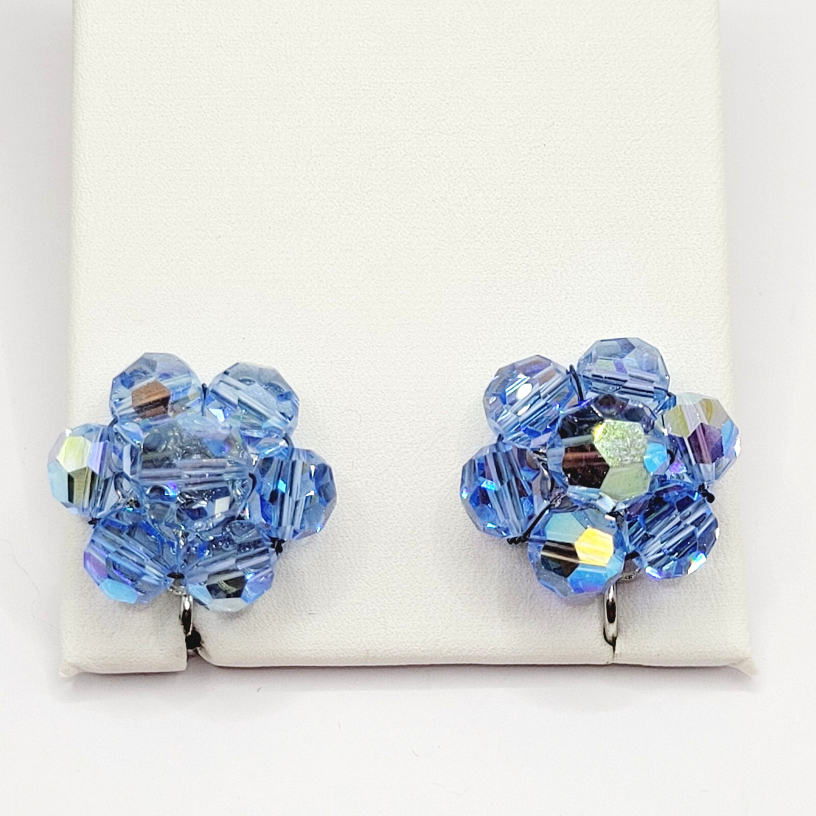 Light Blue Faceted Crystal Bead Cluster Sparkling Fancy Vintage Clip On Earrings