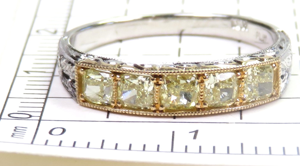 Antique Fancy Light Yellow Plat 18KY Cushion Diamond Wedding Band Size 6 EGL USA