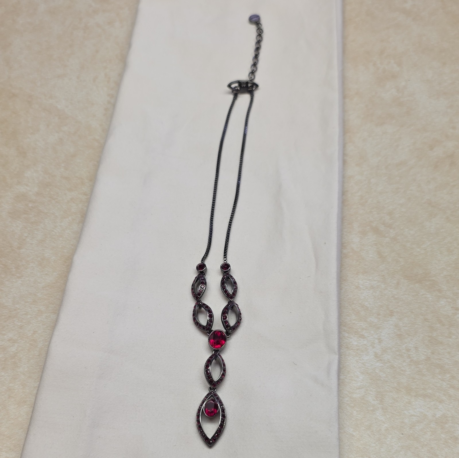 Vintage Givenchy Red Crystal Lavalier Drop Necklace – Gunmetal/Black Chain