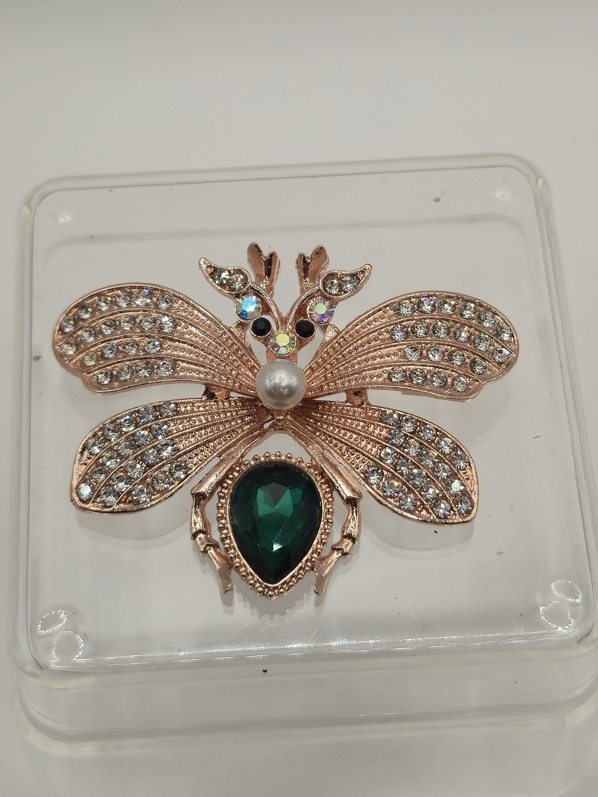 Rose Gold Clear Rhinestone And Green Glass Butterfly Brooch Unbranded