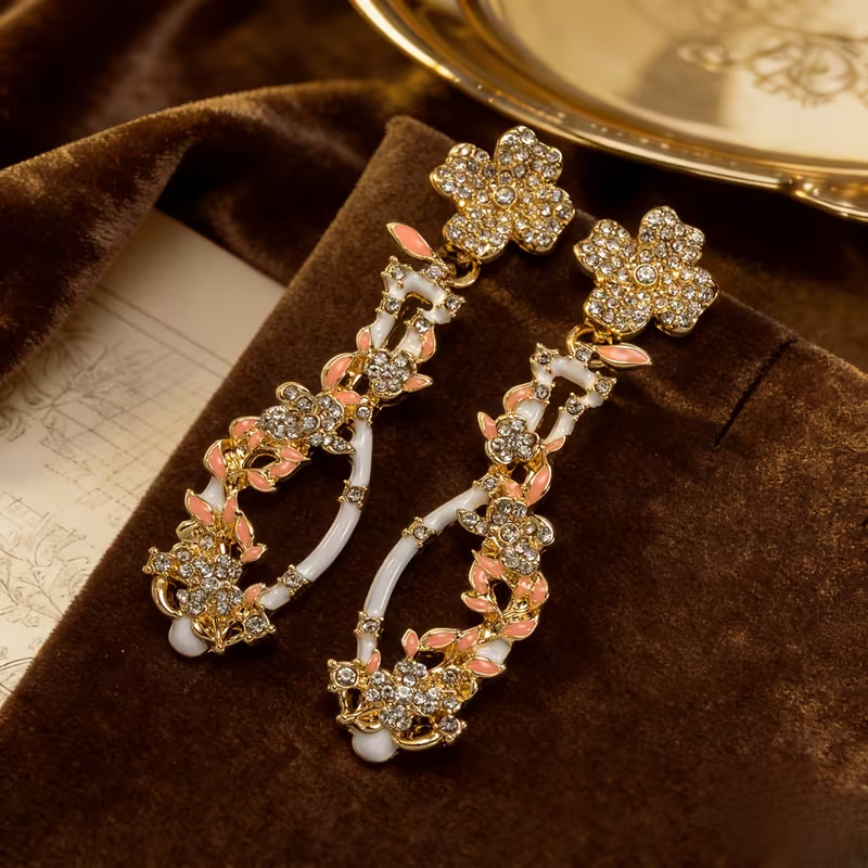 Vintage Floral Vase Rhinestone Dangle Earrings Gold Tone Pink Crystal Statement