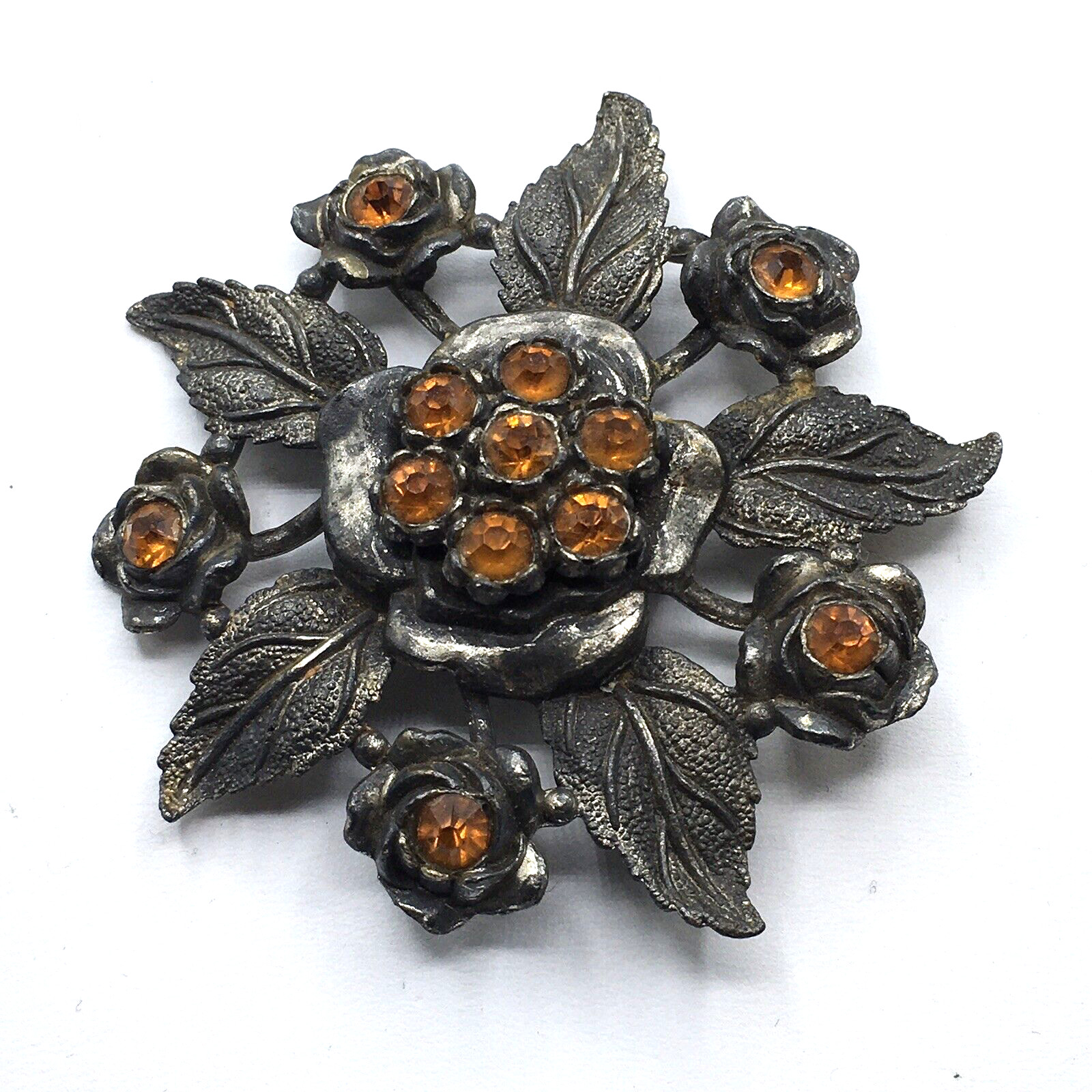 Antique LN Little Nemo Large Floral Flower Orange Rhinestone Brooch Pin