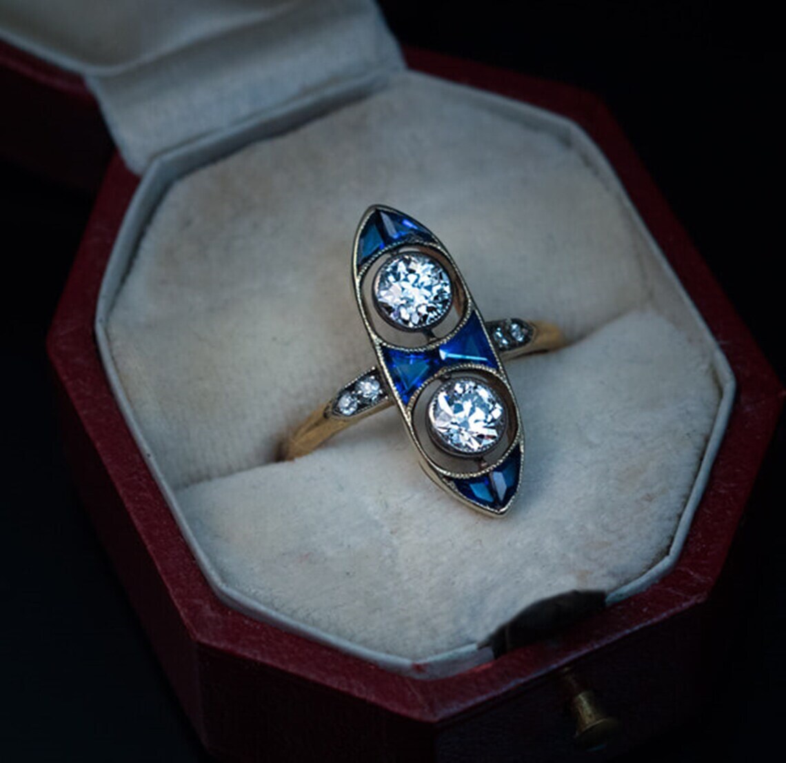 Two Round Moissanite & Fancy Blue Unique Long Finger Estate Ring 10K Rose Gold
