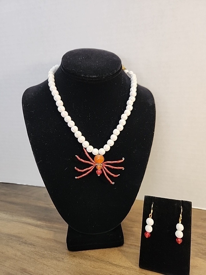 Vintage Spider Pendant Bleached Lava Beaded Necklace 17″ & Matching Earrings