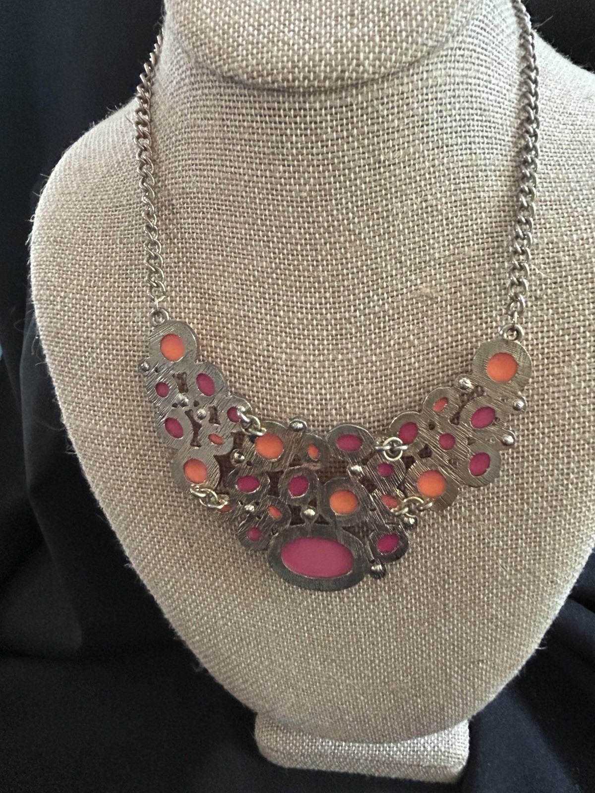 Vtg Statement Jewelry Set Pink Orange Cabochon Bib Necklace & Clip-on Earrings